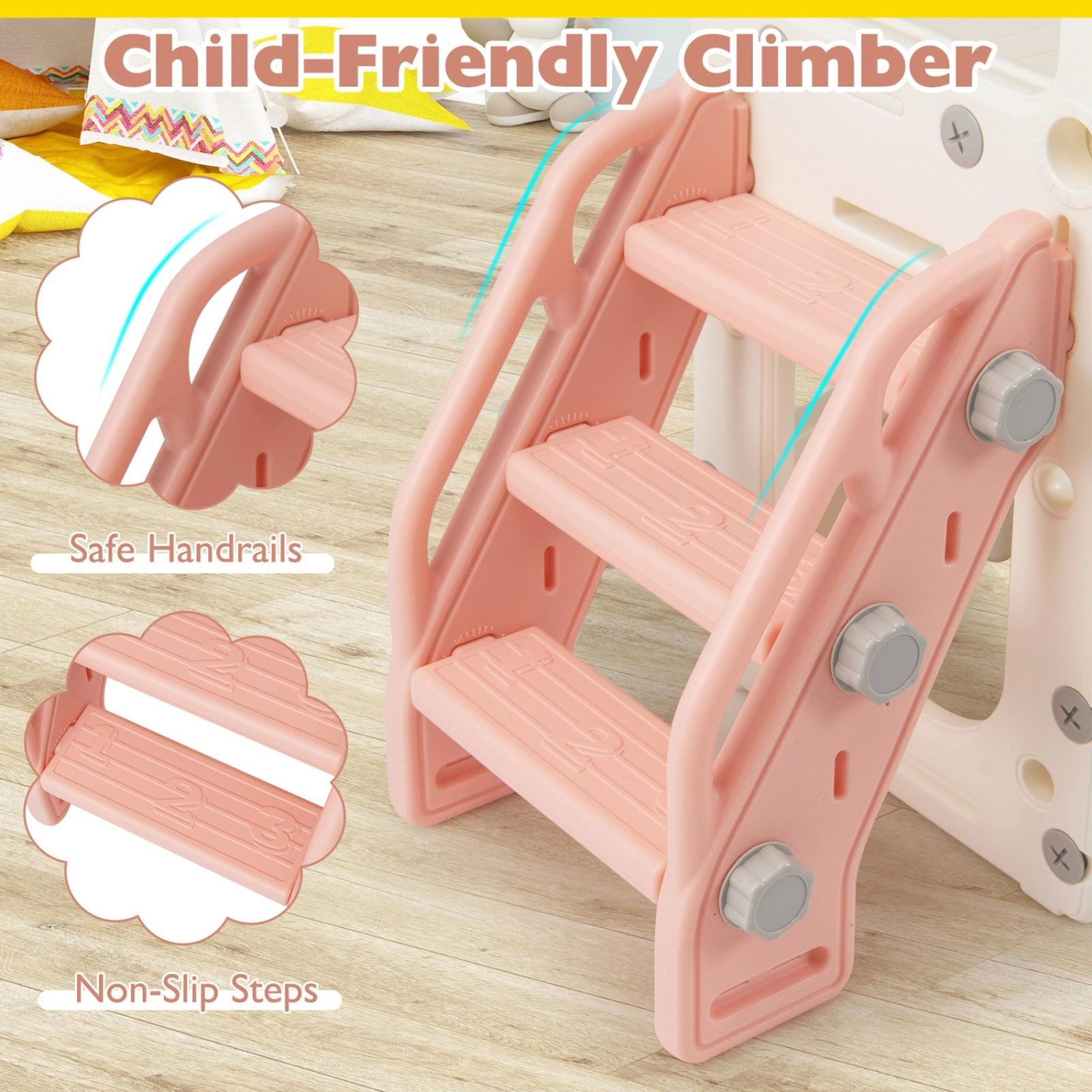 10-in-1 Toddler Slide Climber Playset 60-in Slide Magnetic Whiteboard Basketball Hoop and Crawl Tunnel Ages 3+ Pink