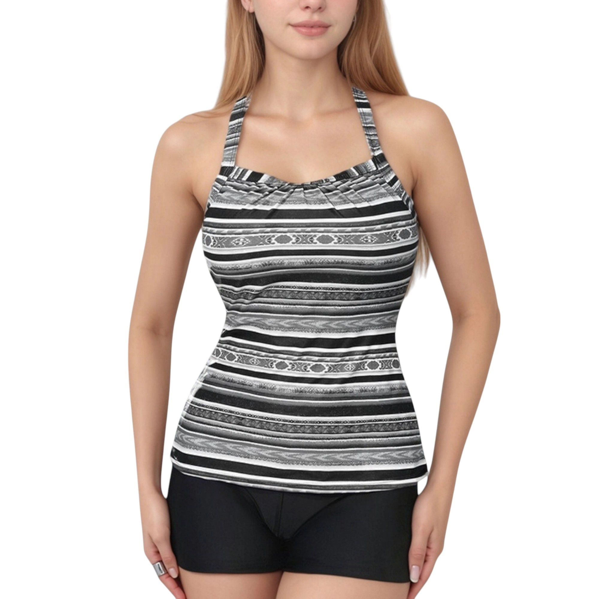 Anna-Kaci Women's Striped Tankini Top and Mid-Rise Swim Shorts Two-Piece Swimsuit