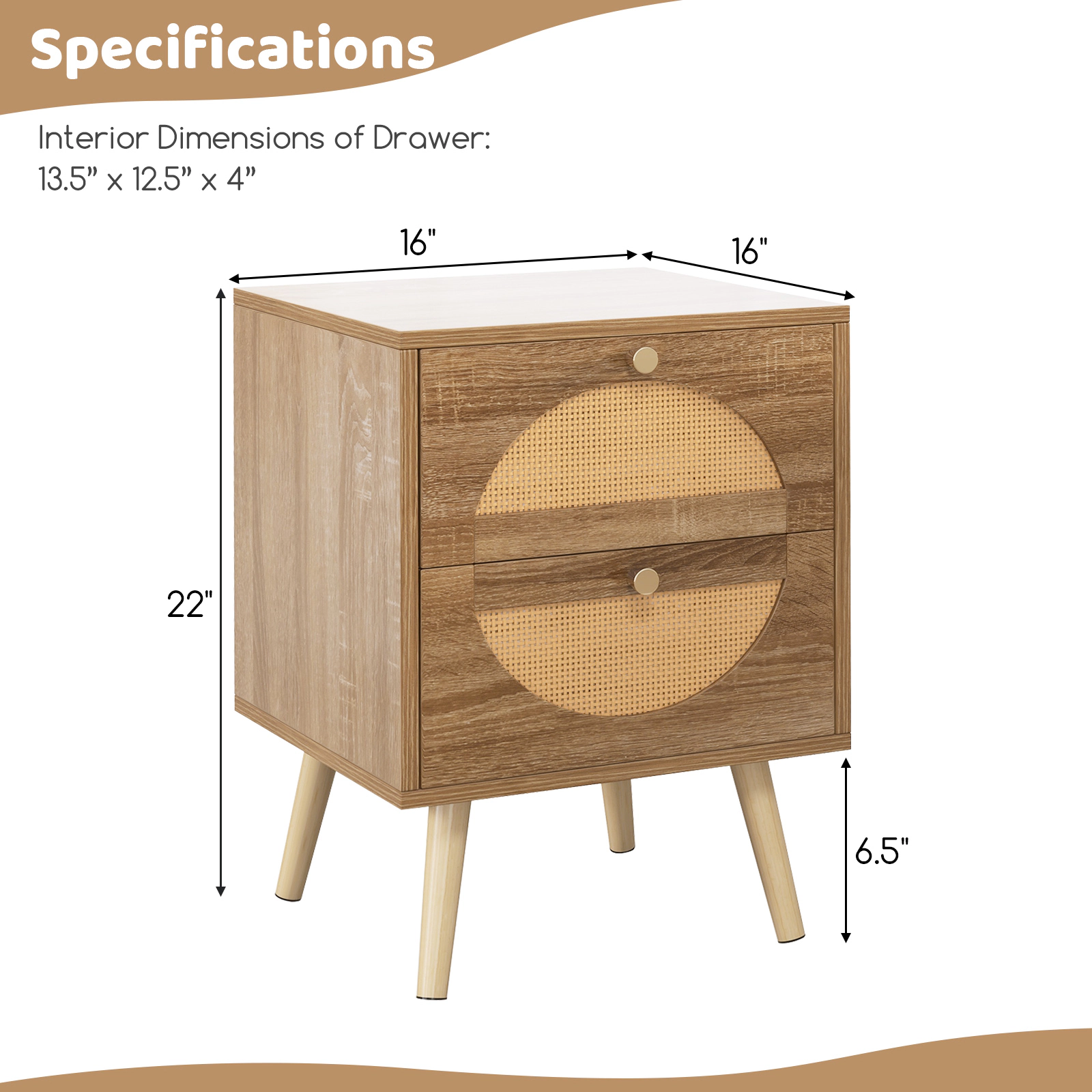 Hivvago Set of 2 Rattan Nightstand with 2 Drawers and Solid Wood Legs