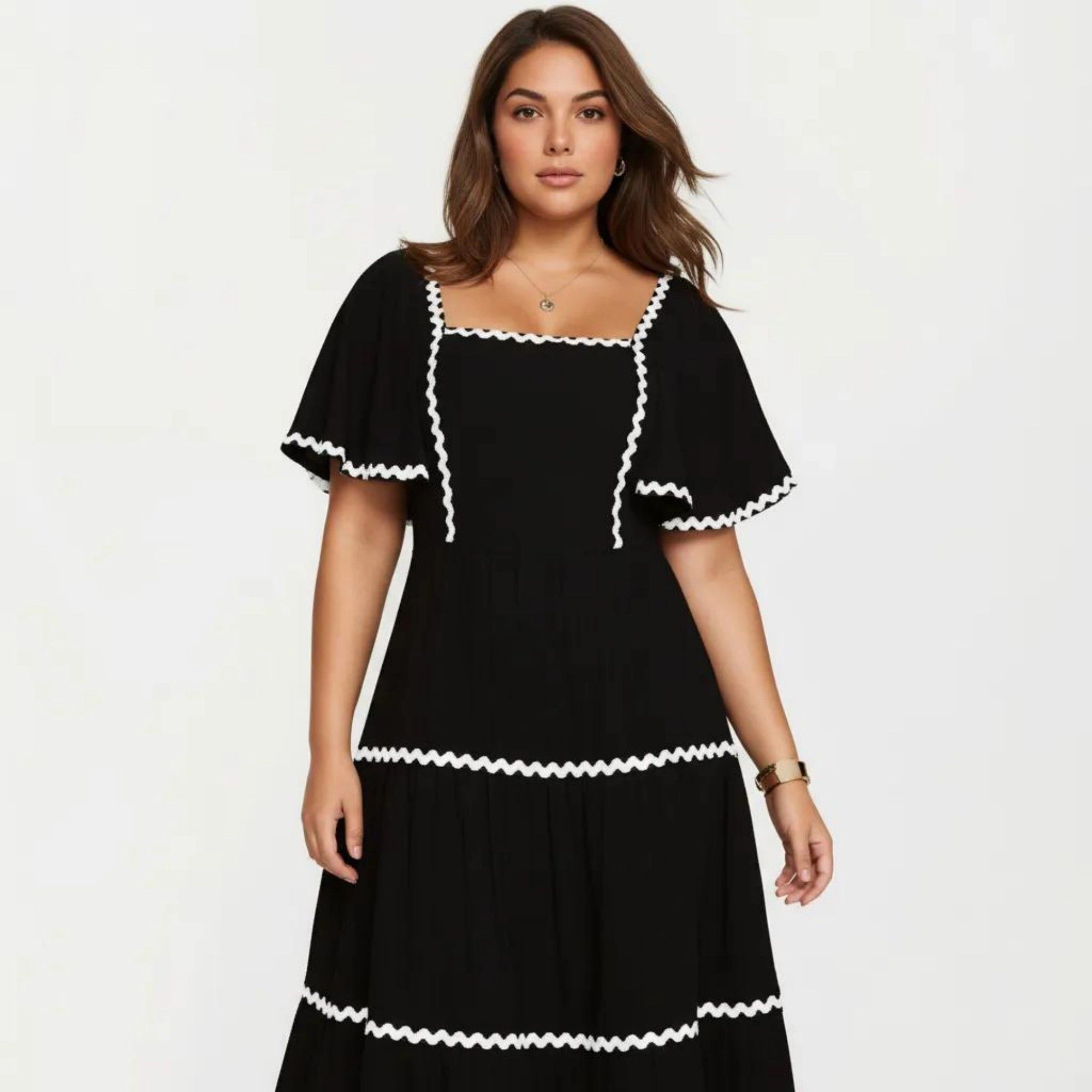 Anna-Kaci Womens Plus Square Neck Contrast Trim Tiered Midi Dress