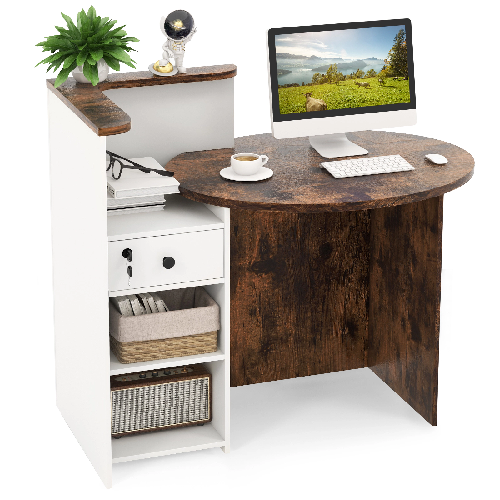 SUGIFT 48-Inch Reception Desk with Lockable Drawer, L-Shaped Shelf and Open Storage