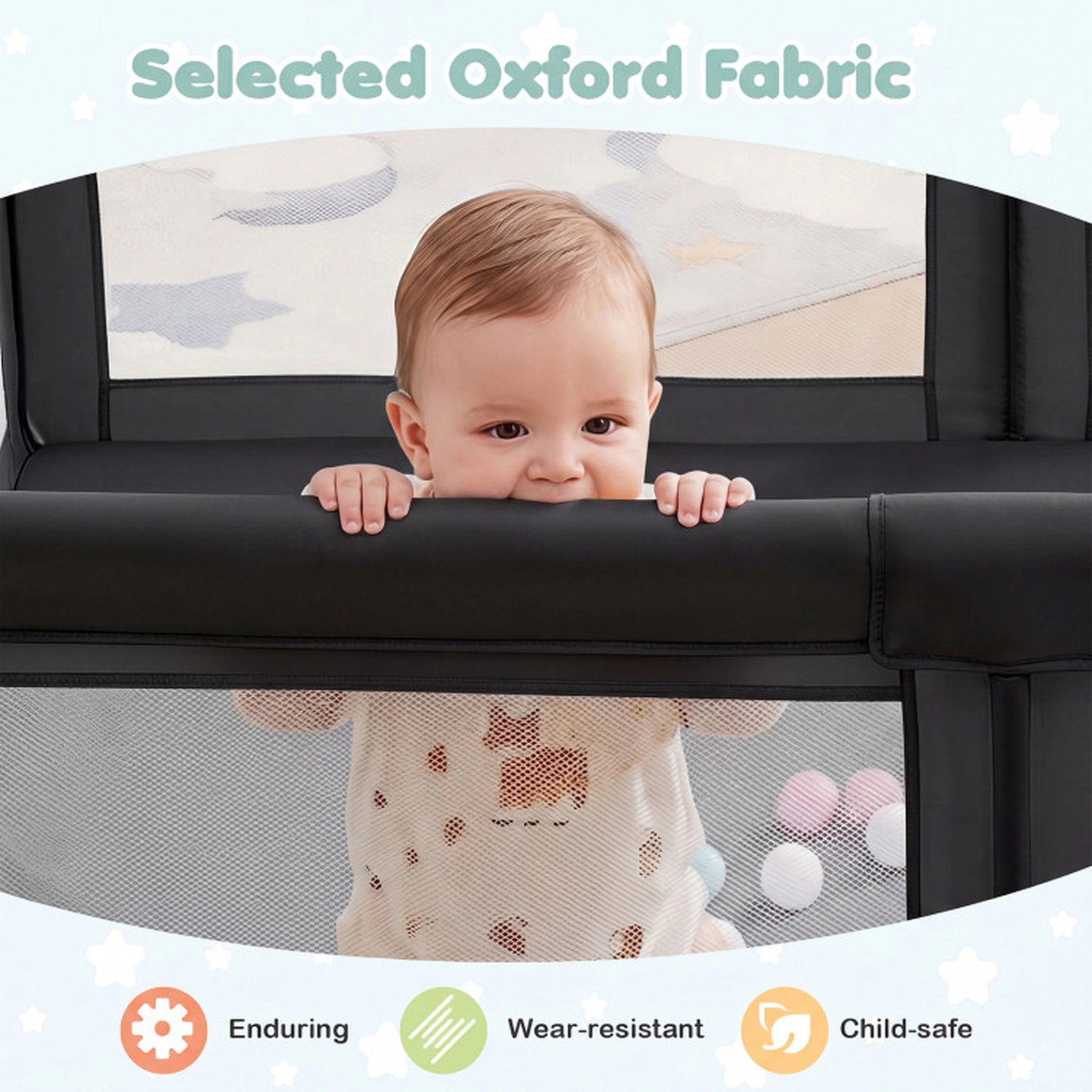 SUGIFT Baby Mesh Zippered Doors 4 Pull Rings 50 Ocean Balls Large Playard 79-in x 55-in x 27-in 14-lb Net Weight Black