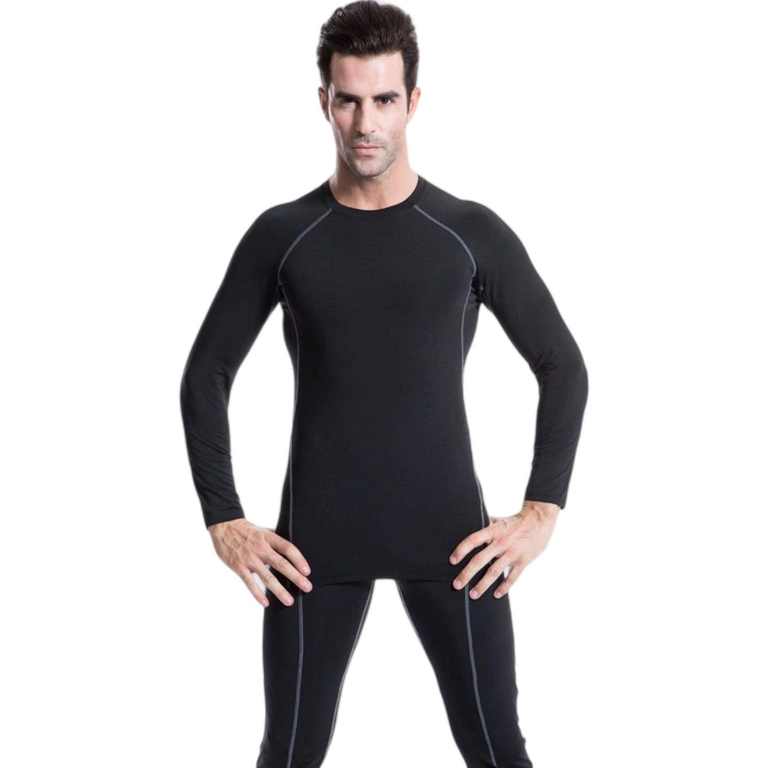 Anna-Kaci Men's Long Sleeve Compression Training Shirt with Crew Neck and Contrast Stitching Detail