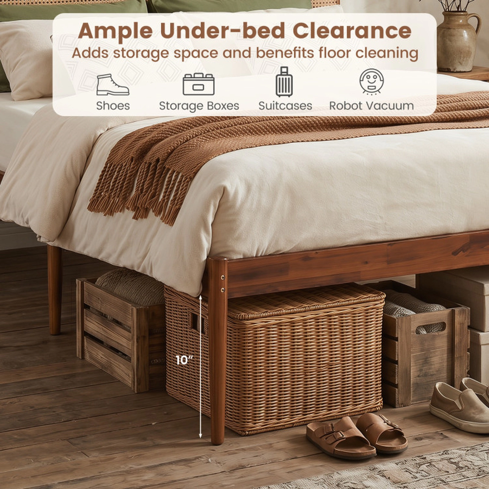 SUGIFT Full Size Brown Acacia Wood Boho Bed Frame with Rattan Headboard and 12 Slats 700-lb Frame Capacity