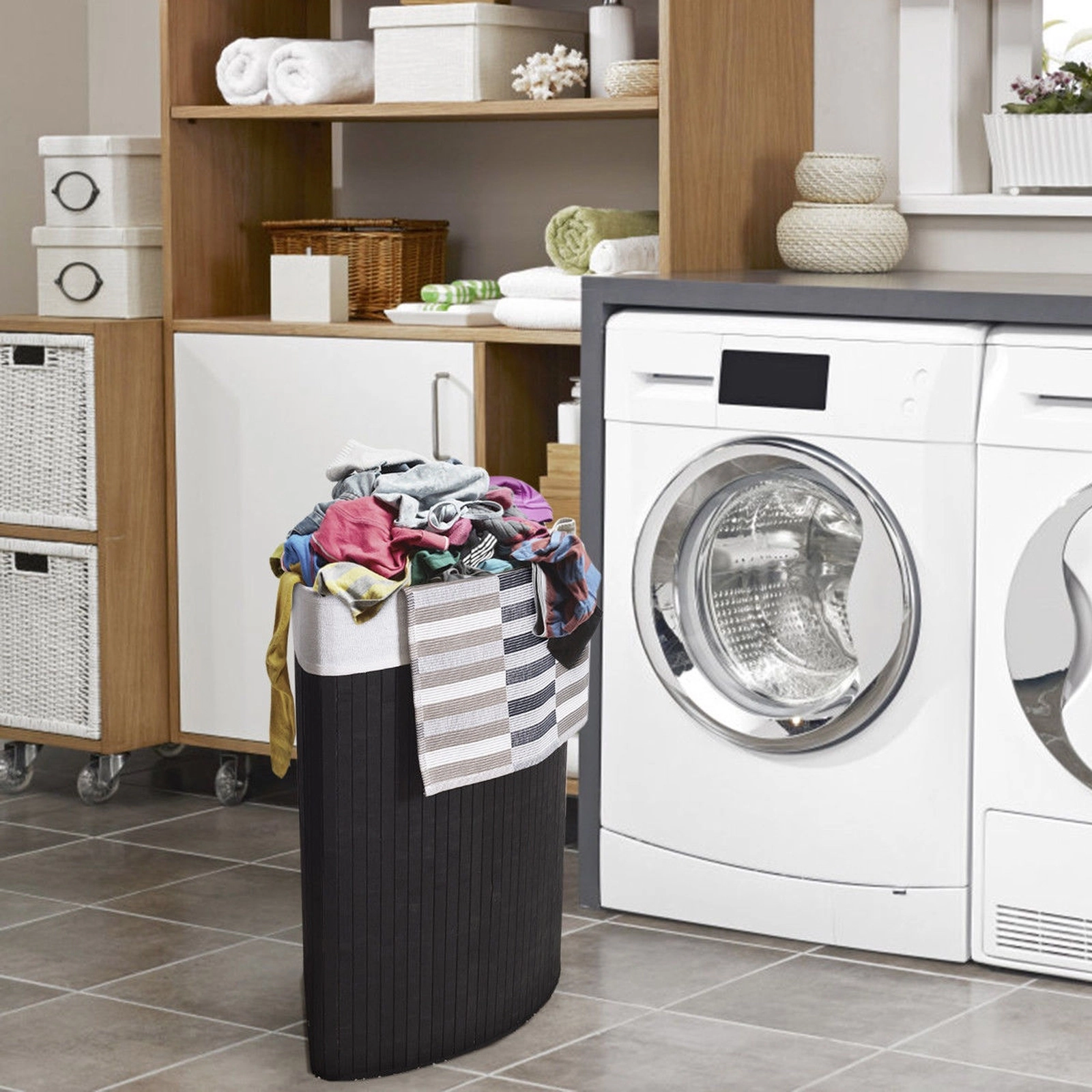 SUGIFT Corner Bamboo Laundry Hamper 58 L with Removable Liner for Bathroom