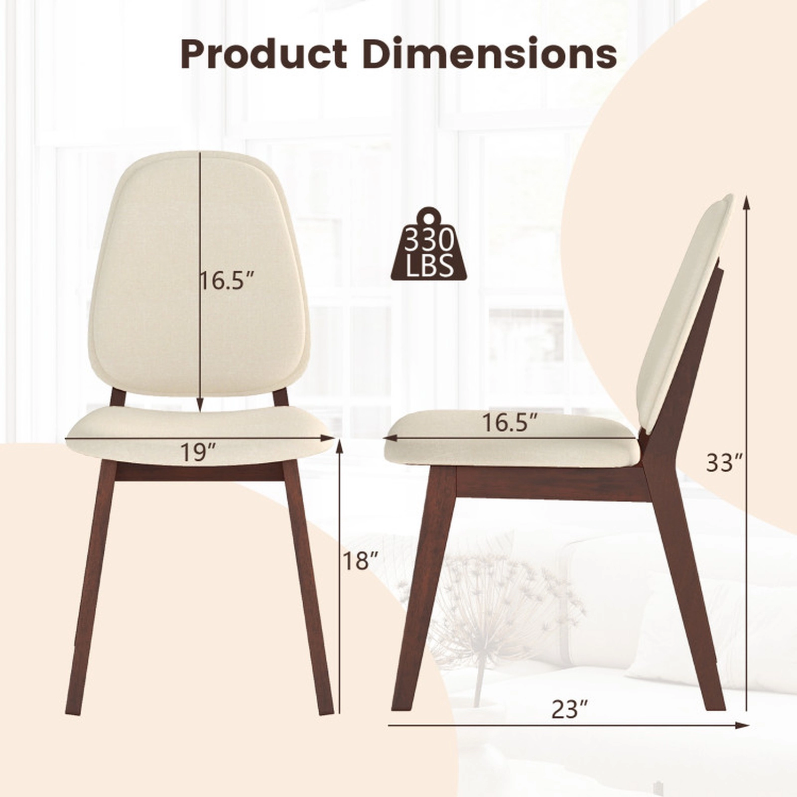 SUGIFT Set of 4 Mid-Century Modern Wooden Upholstered Dining Side Chairs 330-lb Capacity Brown+Beige