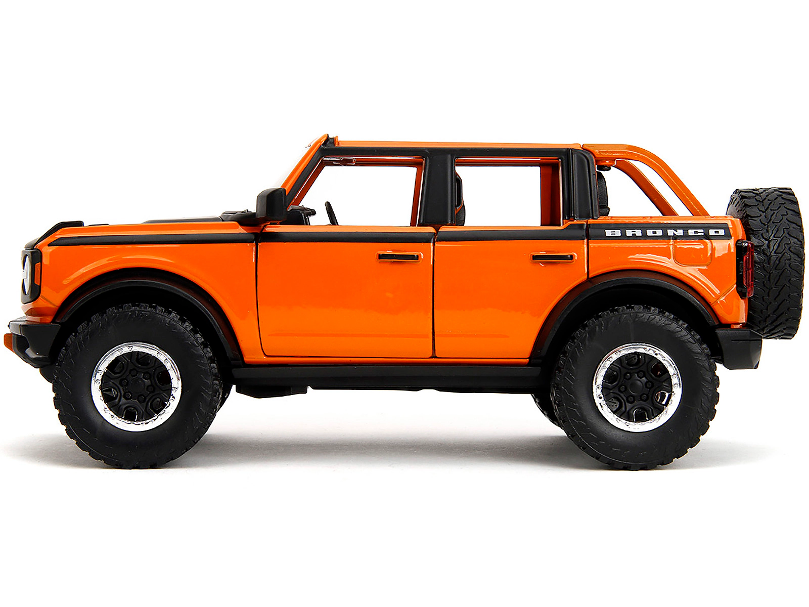 Jada 2021 Ford Bronco Open-Top Orange with Black Stripes and Hood with Extra Wheels "Just Trucks" Series 1/24