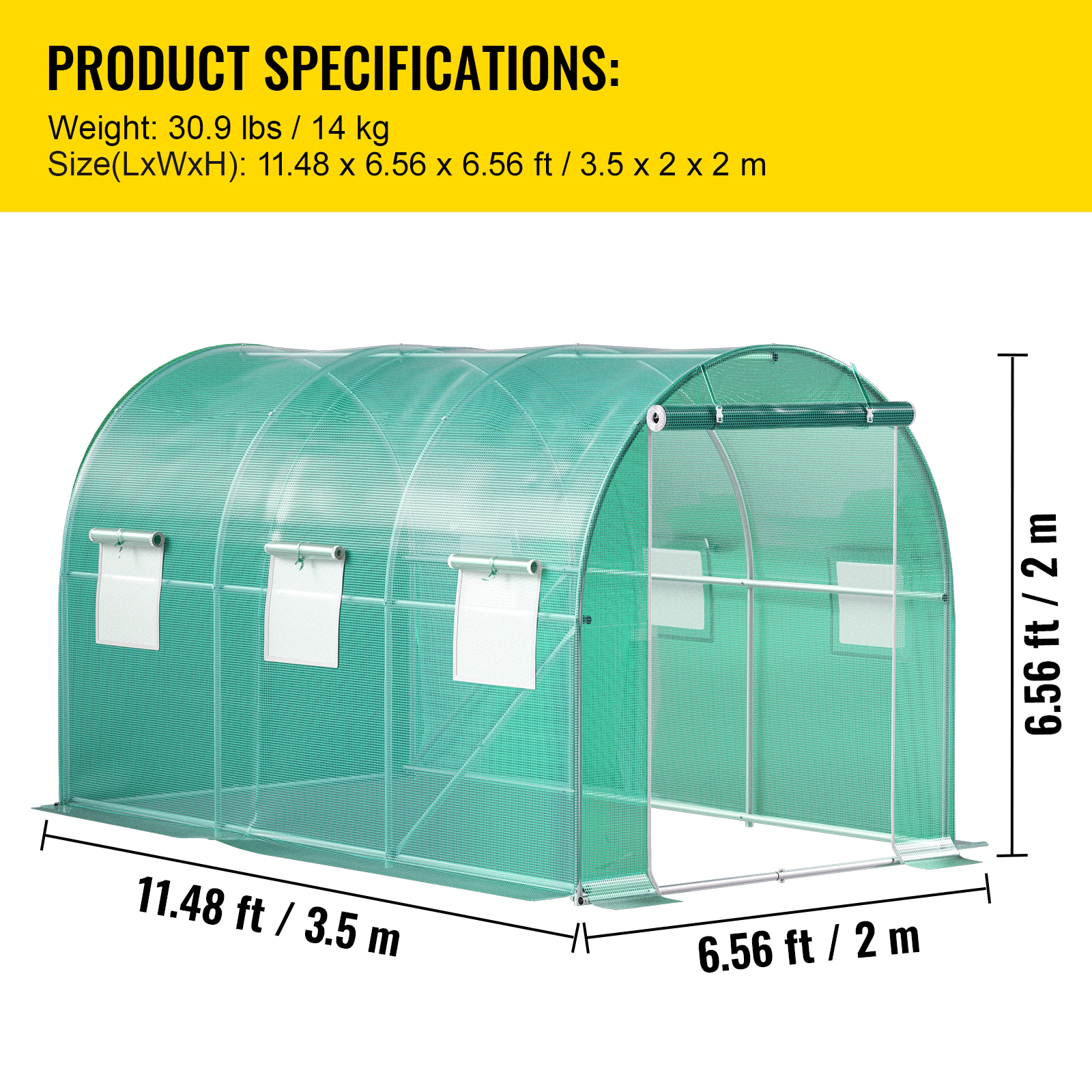 HONGGE Walk-in Tunnel Greenhouse Portable Plant Hot House with Galvanized Steel Hoops 1 Top Beam Diagonal Poles