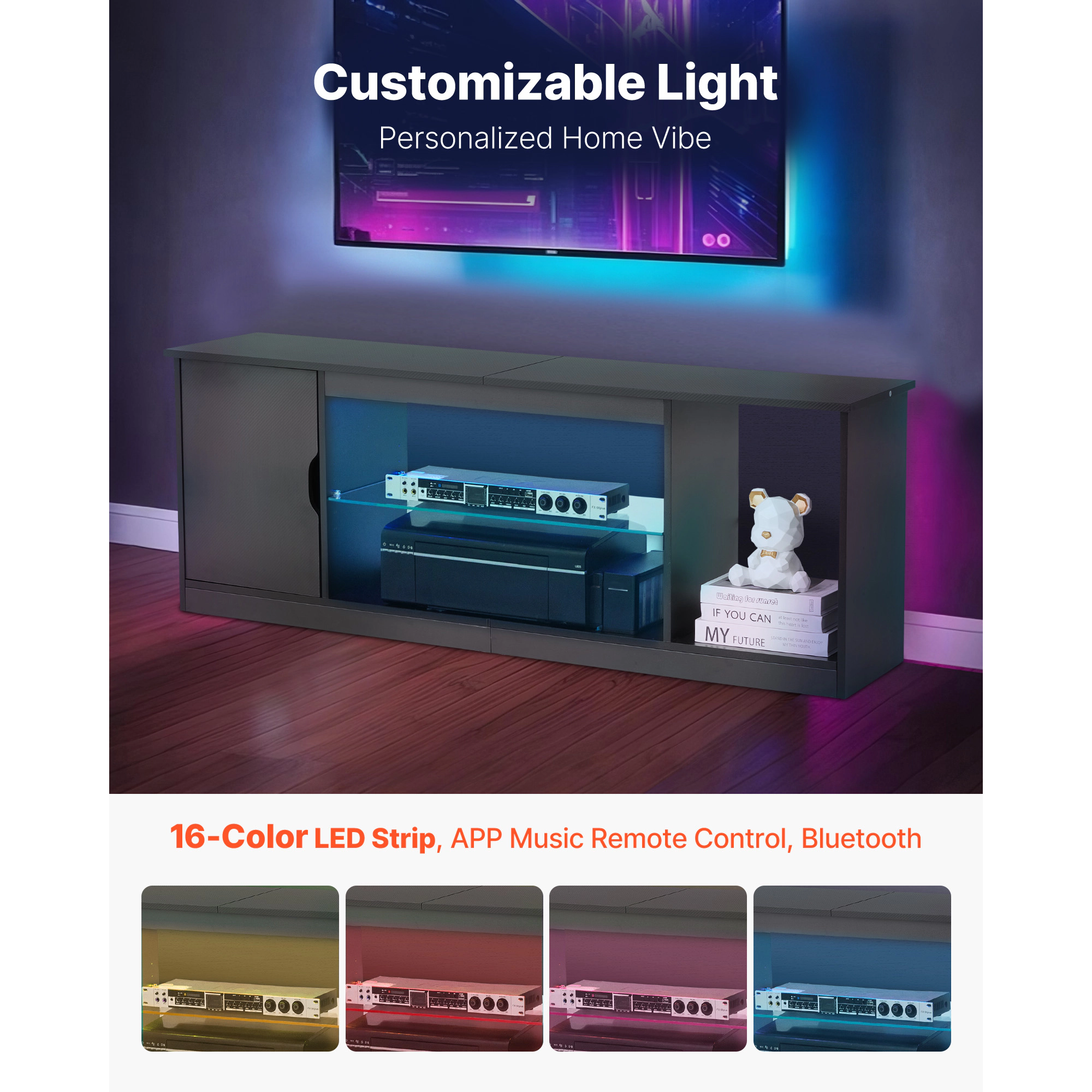 HONGGE TV Stand for TVs up to 65 Inch, Entertainment Center with Light Strip