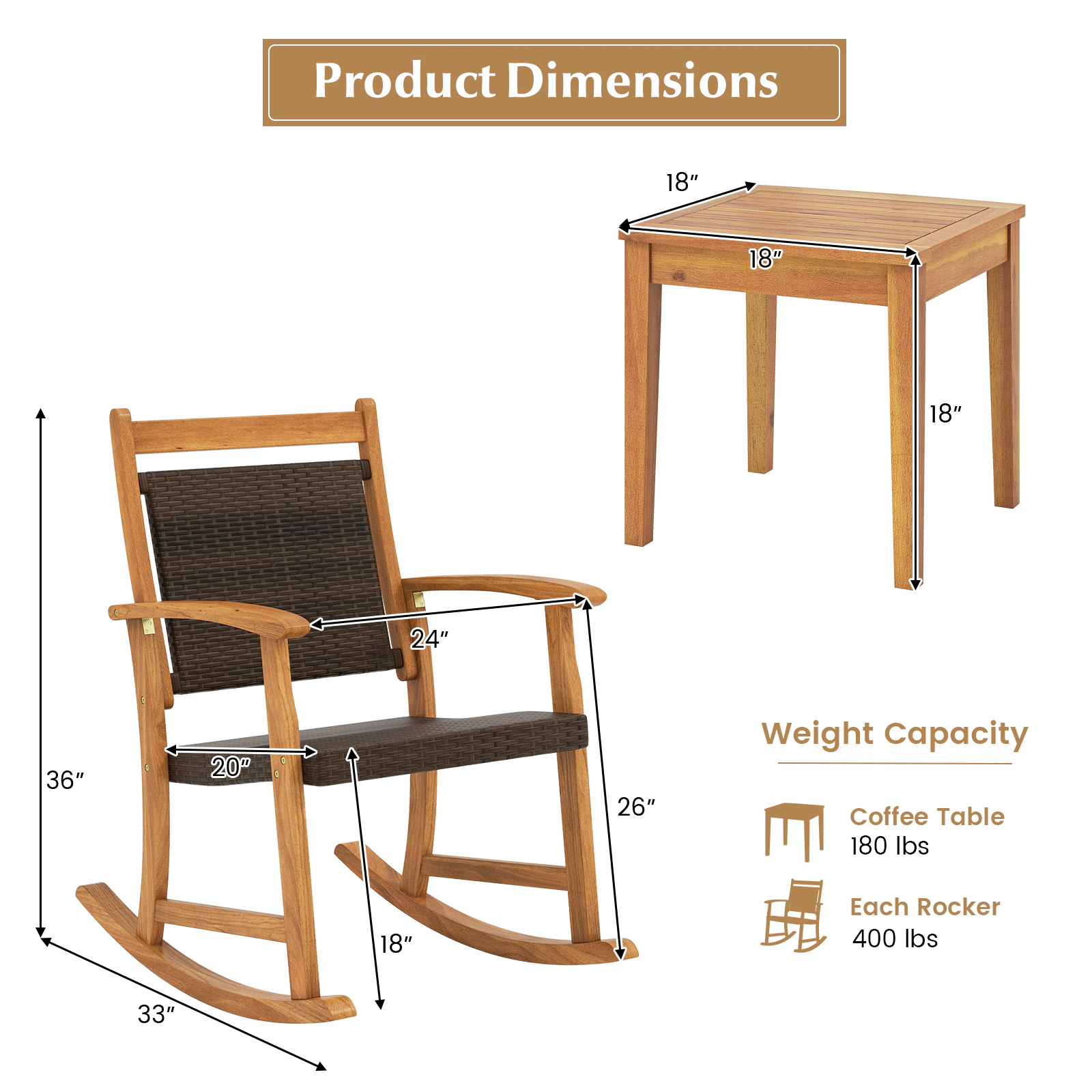 SUGIFT 3-Piece Acacia Wood Patio Rocking Chair Set, Reddish Brown