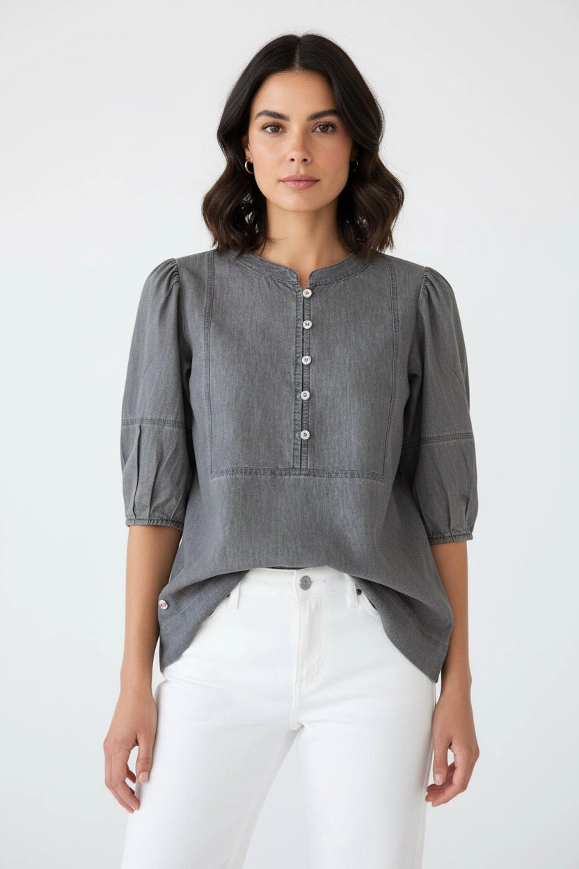 DressAtR Women's Gray Denim Puff Sleeve Pleated Yoke Front Button Blouse
