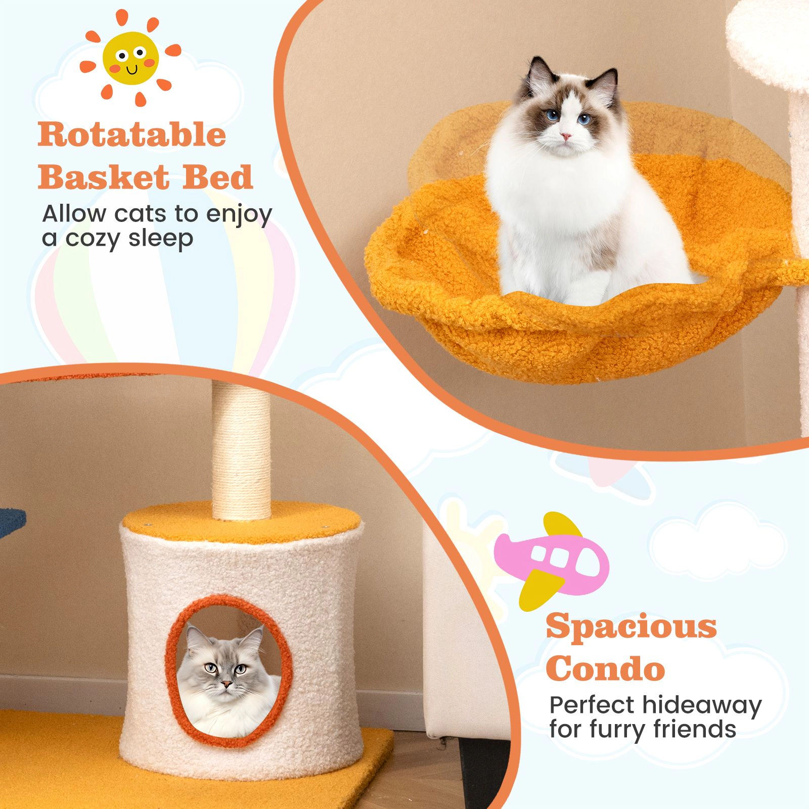 SlickBlue 70" Multi-Level Cat Tree with Rotating Basket Bed and Condo