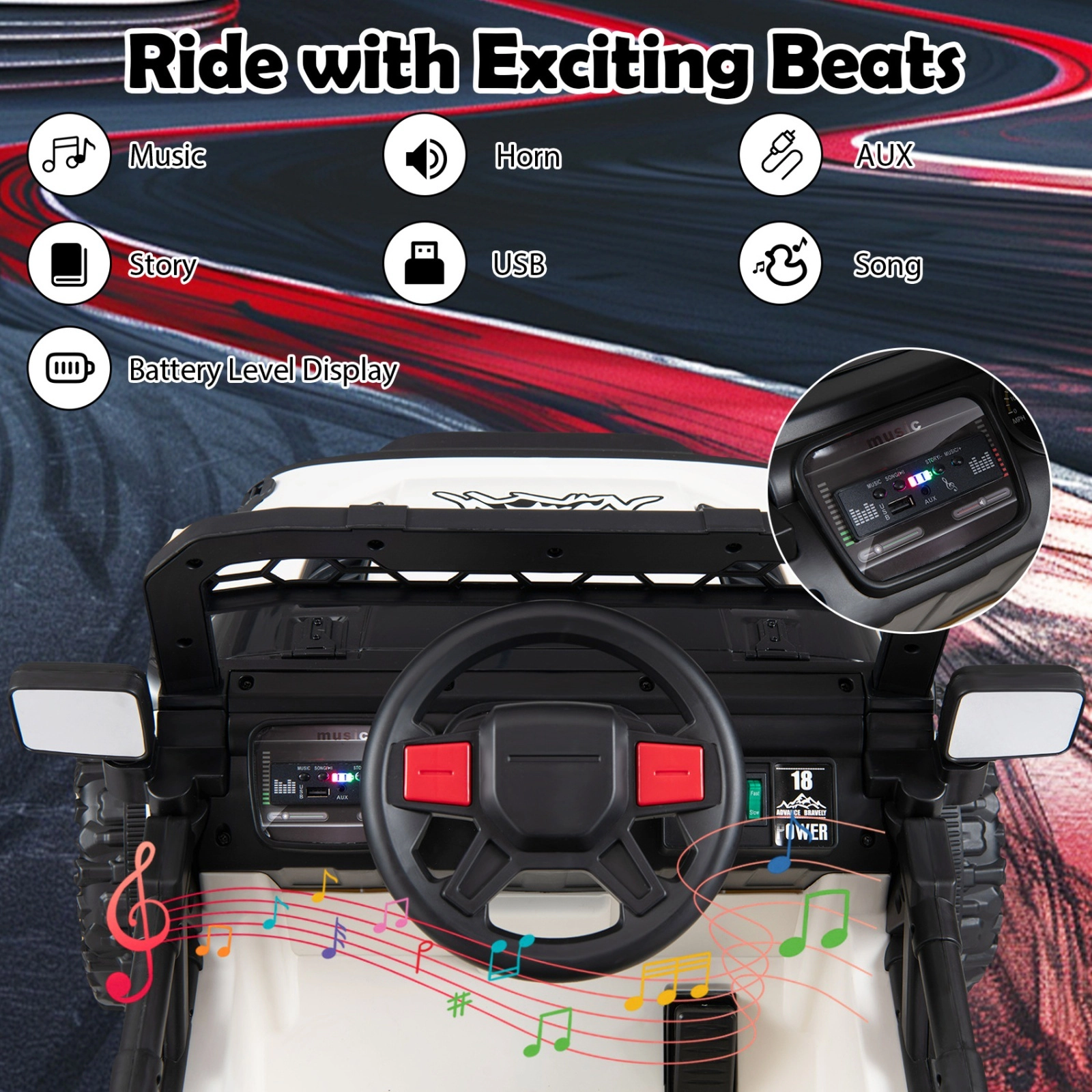 12V Kids Ride On Truck Parent Remote 3 Speeds Adjustable Harness Lockable Doors and 4-Wheel Suspension Ages 3-5 Black