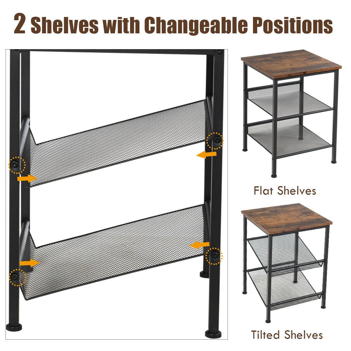Glintex 3-Tier Industrial Side Table with Tiltable Mesh Shelves and Steel Frame, Rustic Brown