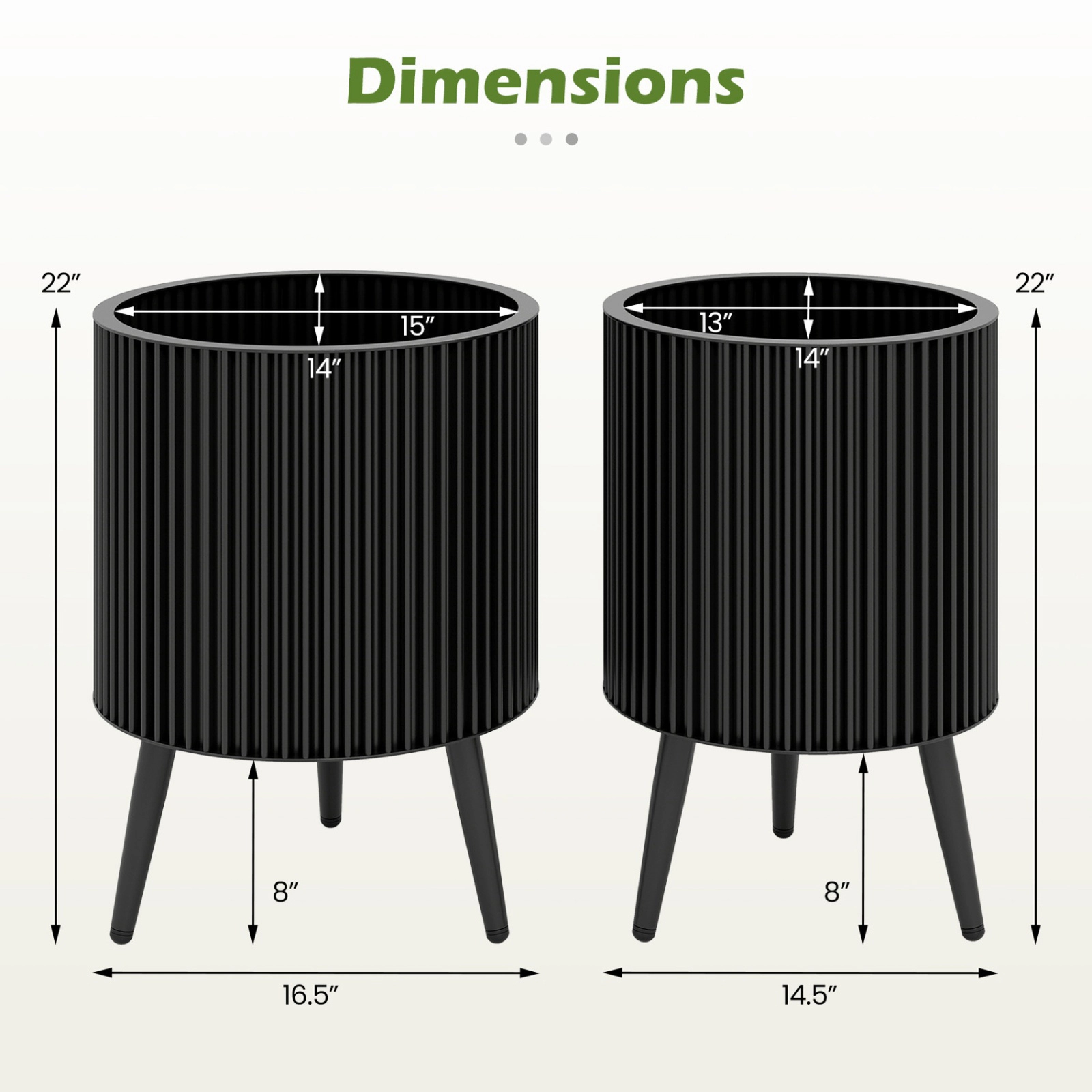 SUGIFT Set of 2 22-in Tall 110-lb Per-Pot Capacity Fluted Metal Flower Pots with Stand and 3 Drain Holes