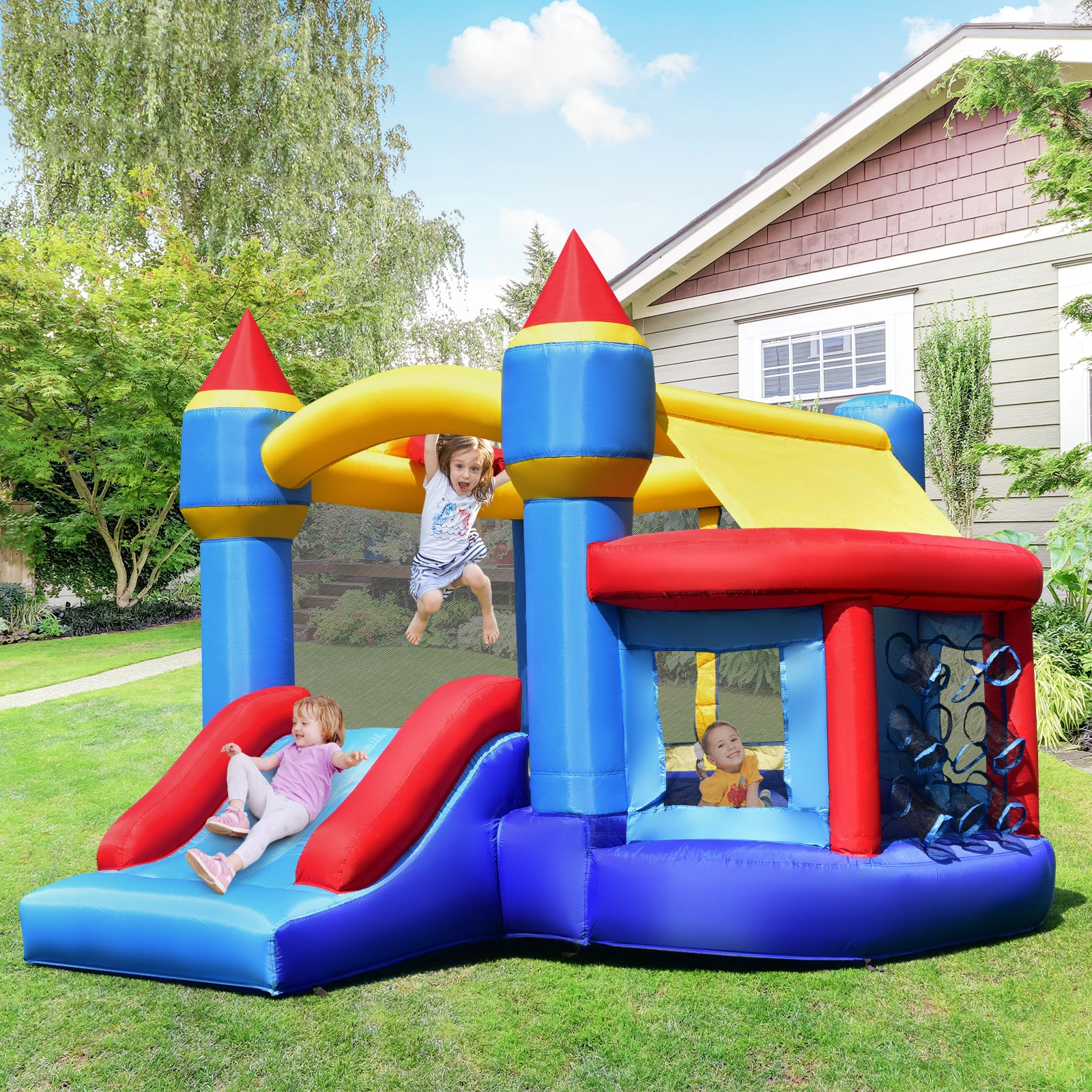 SUGIFT Inflatable Bounce House with Slide Ball Pit & Pitching Game 200-lb Capacity Ages 3-12 Multi-Color
