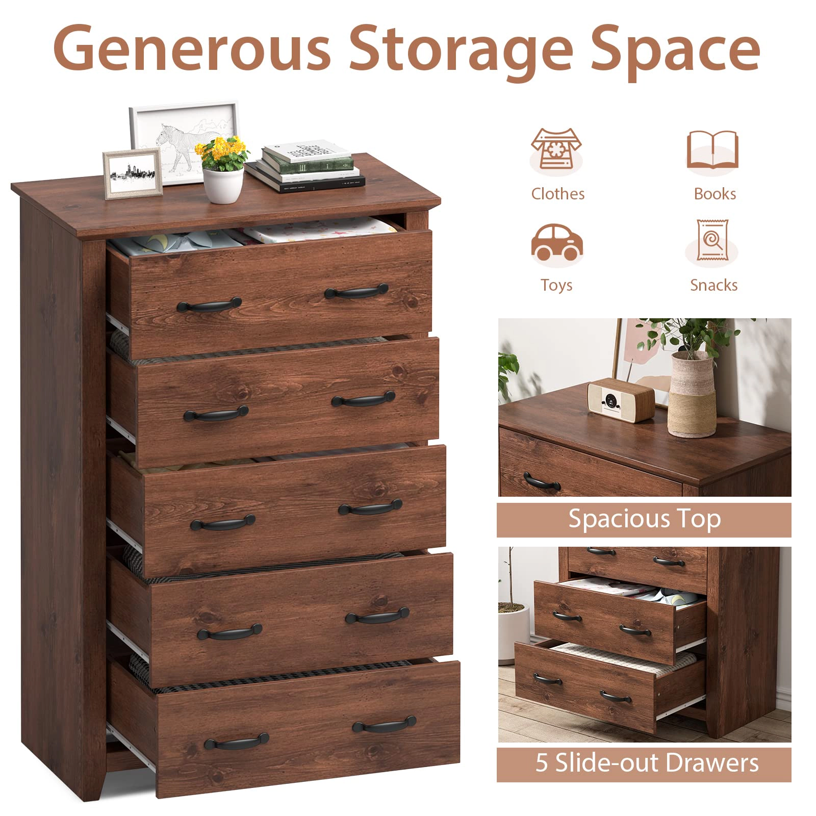 Glintex 47-Inch Tall 5-Drawer Dresser with Metal Glides and Anti-Tip Device