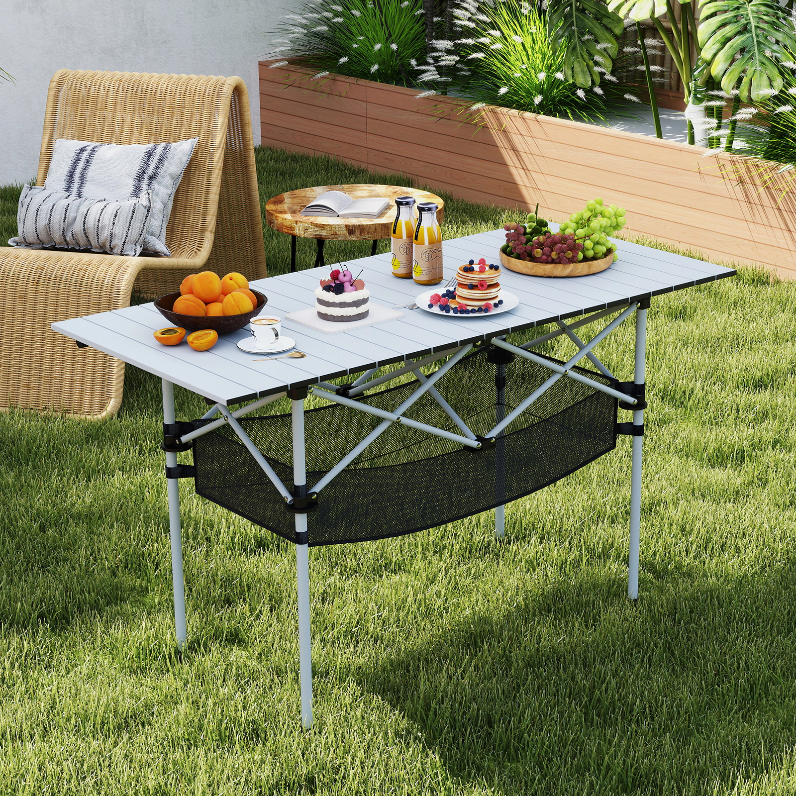 SUGIFT 47 x 22 in Folding Aluminum Camping Table with Roll-up Tabletop and Mesh Basket 220-lb Capacity Black/Silver