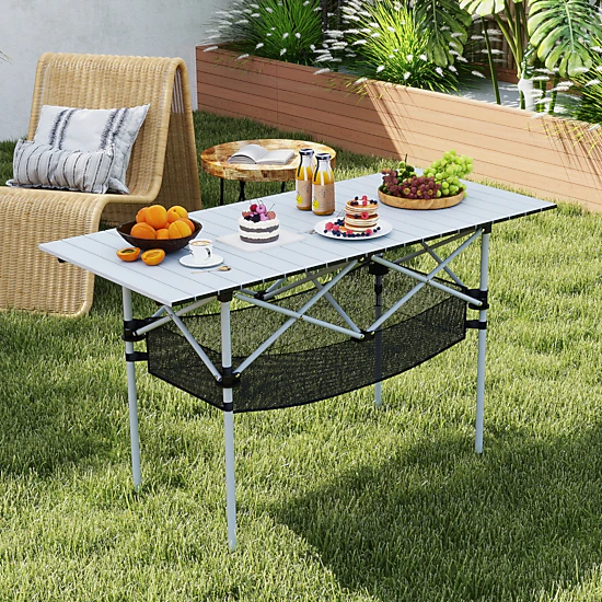 SUGIFT 47 x 22 in Folding Aluminum Camping Table with Roll-up Tabletop and Mesh Basket 220-lb Capacity Black/Silver