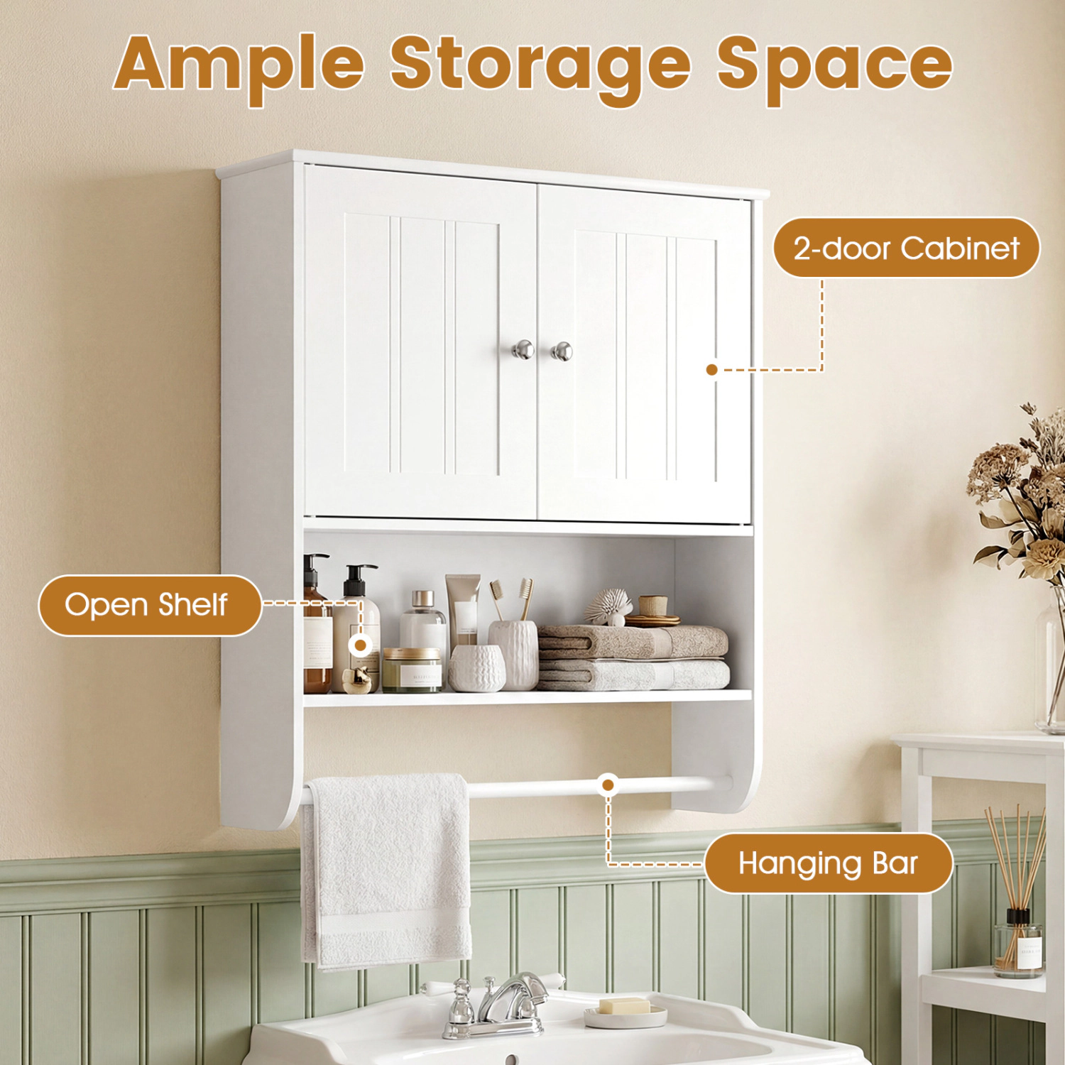 Slickblue White Bathroom Wall Cabinet with 2 Doors, Open Shelf and Towel Bar