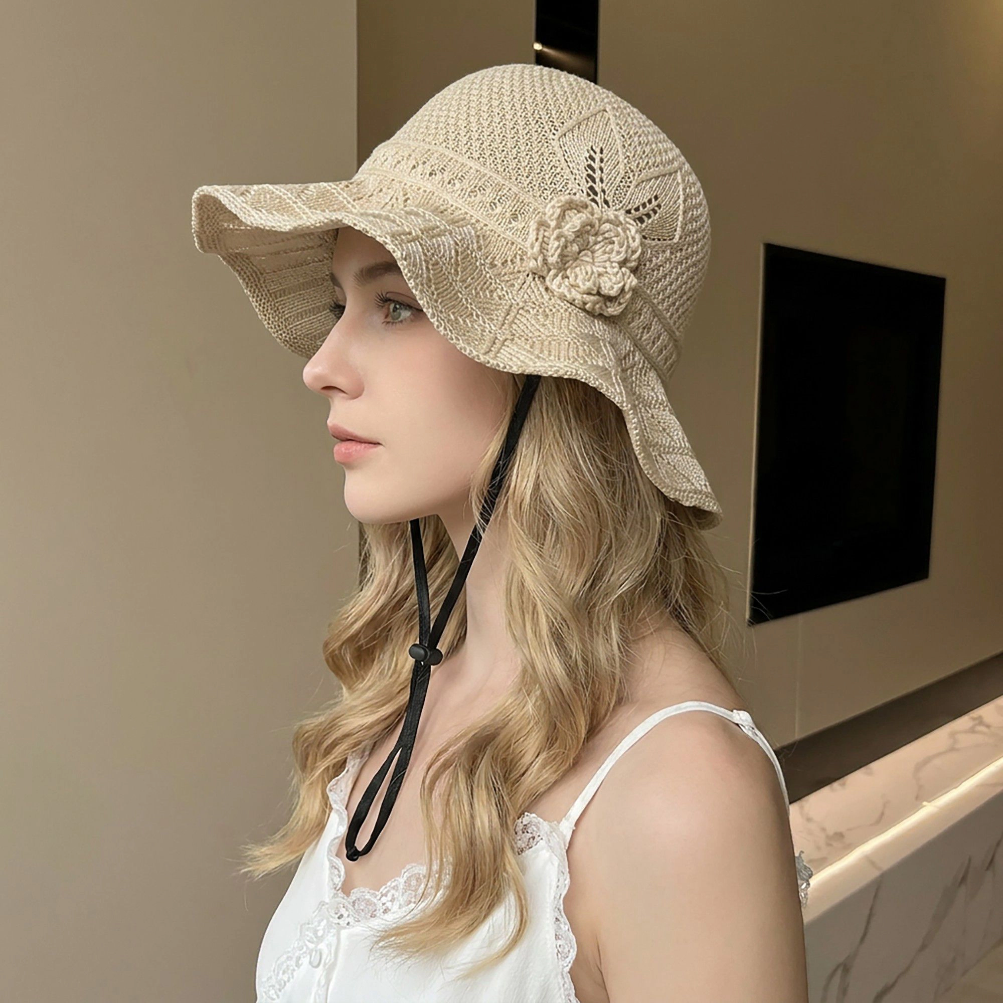 Anna-Kaci Women's Crochet Wide Brim Sun Hat with Floral Accent Scalloped Edge and Chin Strap - MauvePink