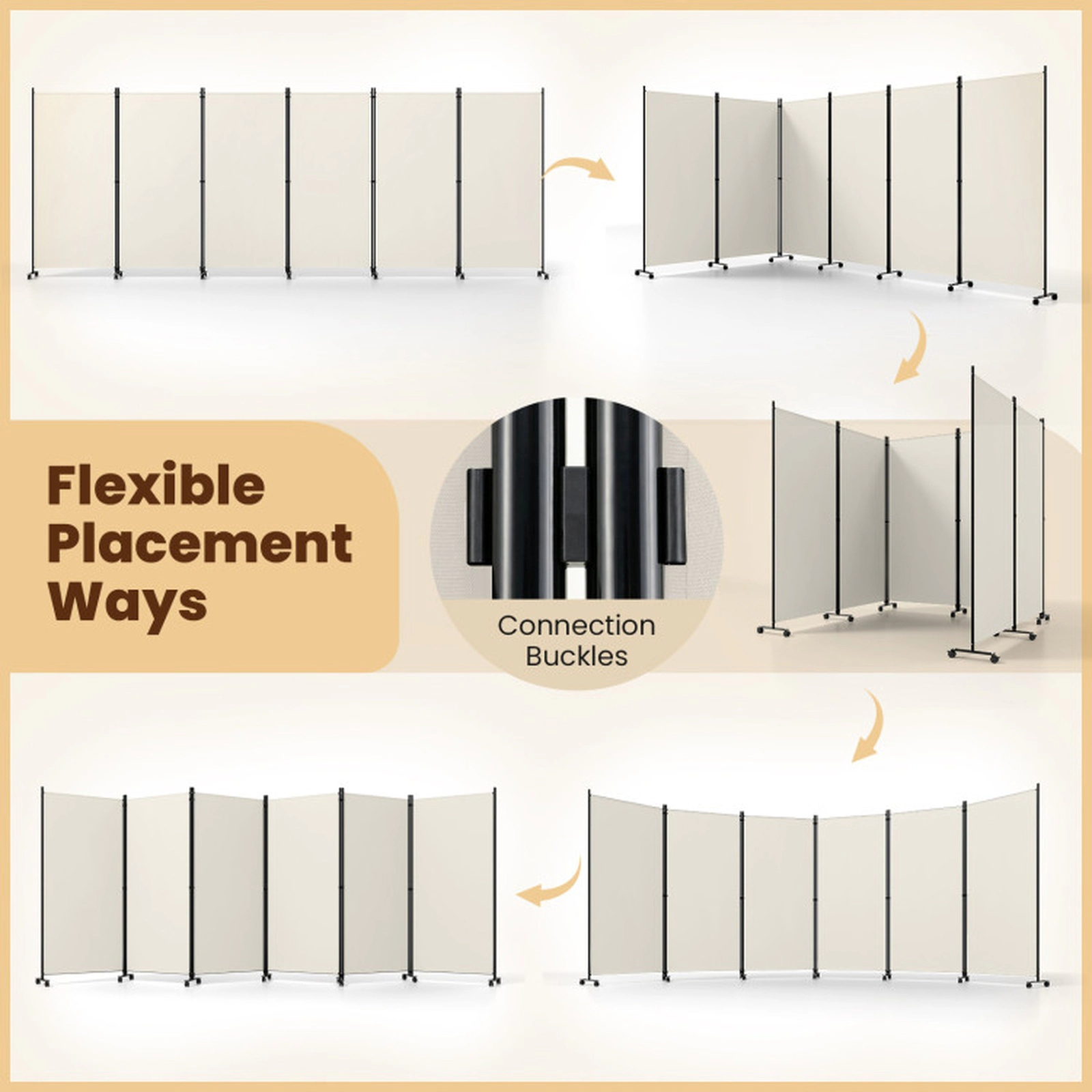 SUGIFT 6-Panel Folding Privacy Screen Room Divider with Wheels 71.5-in Tall Black/ Coffee