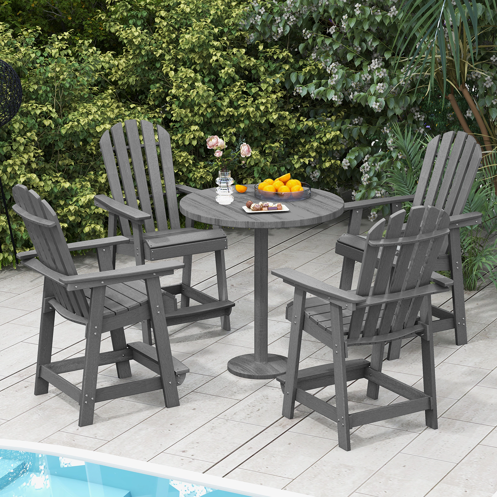 SUGIFT Gray HDPE Patio Bar Chair, 24.5-Inch Seat, Slatted Design, Arms and Footrest