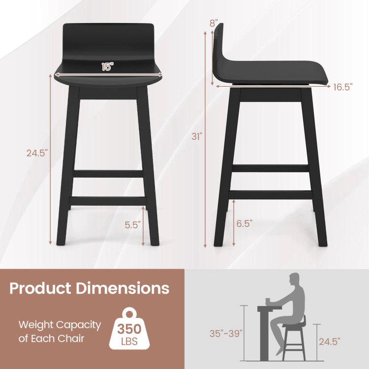 Hivvago 24.5 Inch Swivel Wooden Bar Stools Set Of 4 With Rubber Wood Legs And Low Back