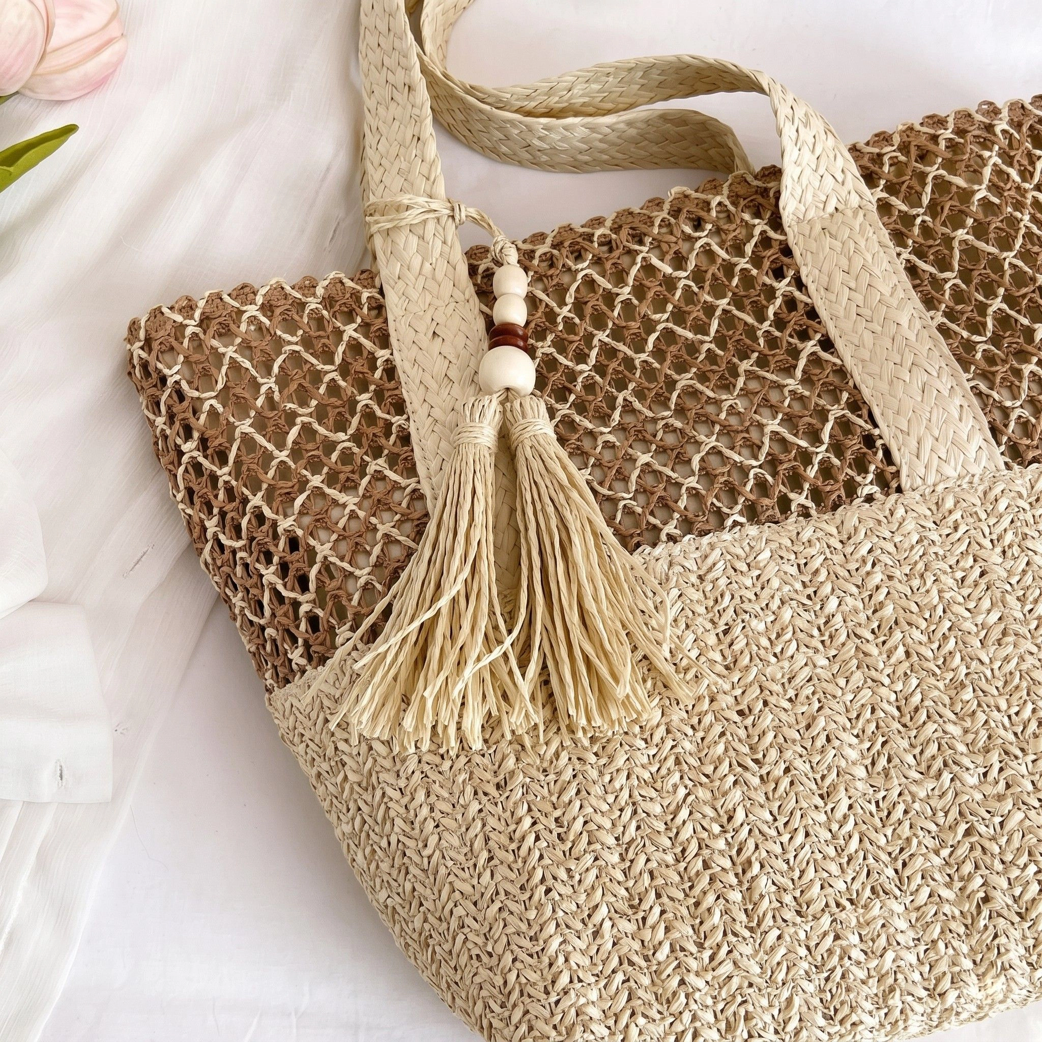 Alilang Women's Woven Straw Tote Bag with Zip Closure Shoulder Straps and Tassel Accent, Natural Khaki