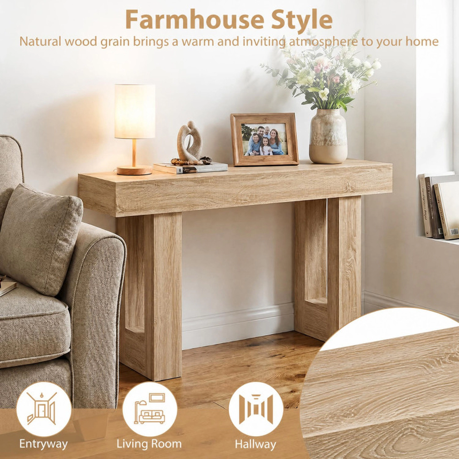 SUGIFT 63-in 135-lb Capacity Natural Farmhouse Behind Couch Console Table with Thickened Board Top