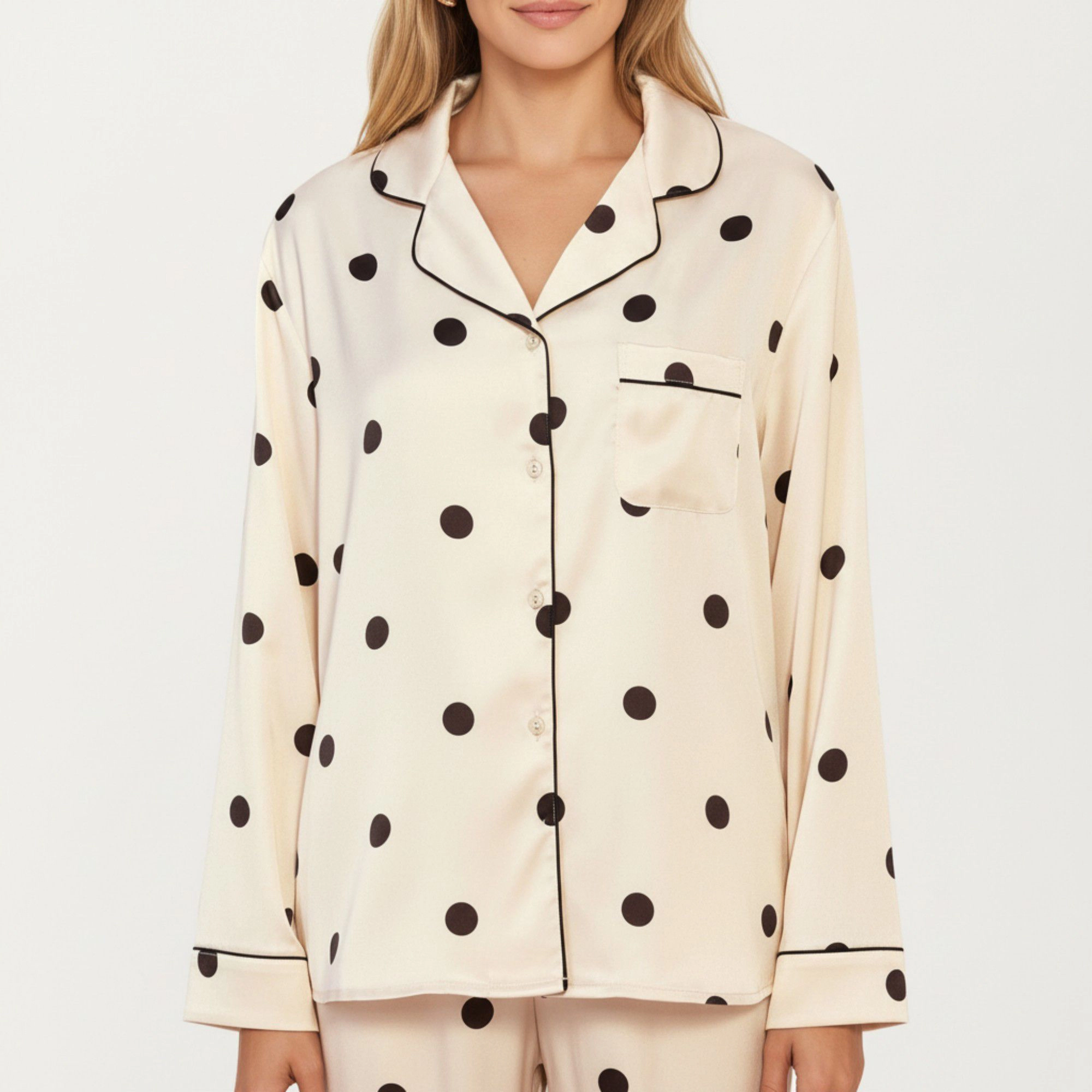 Anna-Kaci Women's 2-Piece Satin Polka Dot Pajama Top with Contrast Piping and Matching Straight Leg Pants