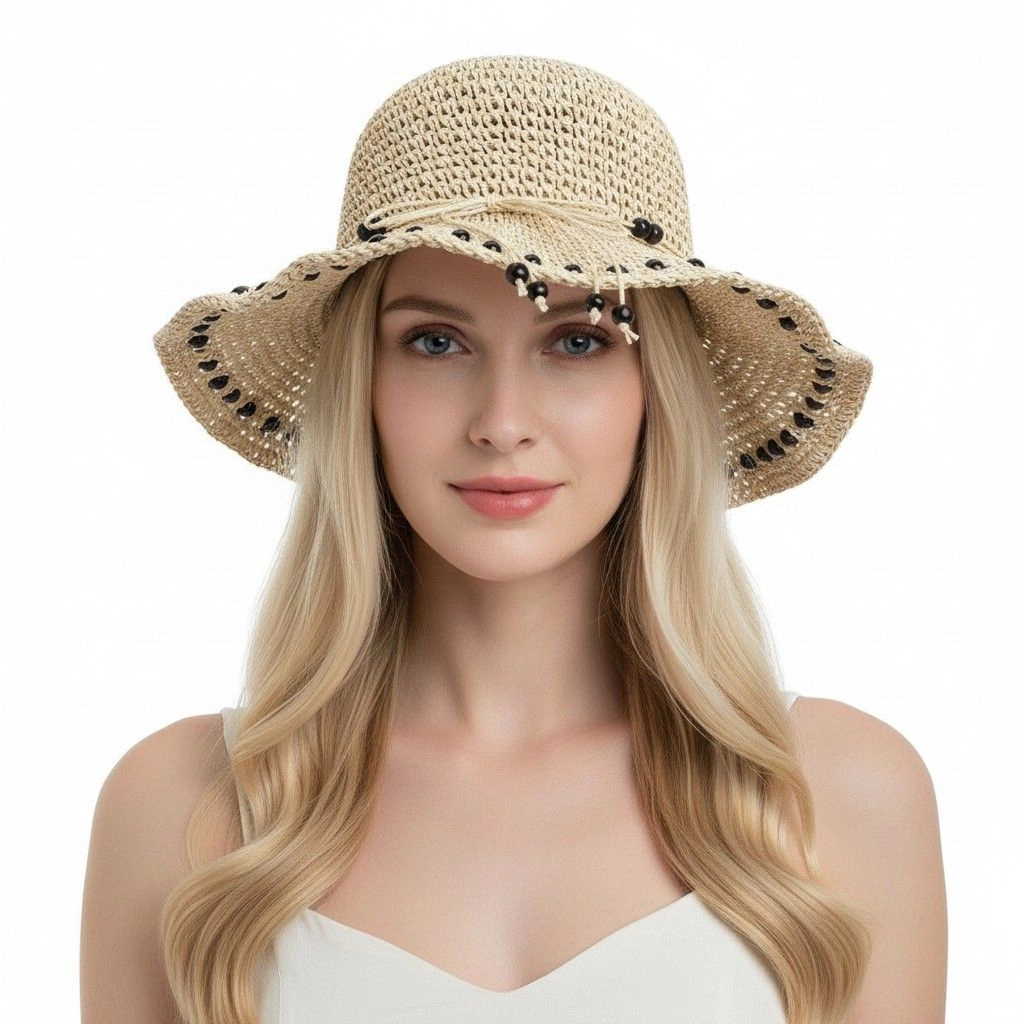 Anna-Kaci Womens Wide Brim Straw Sun Hat Beaded Trim Handmade Crochet Beach Vacation
