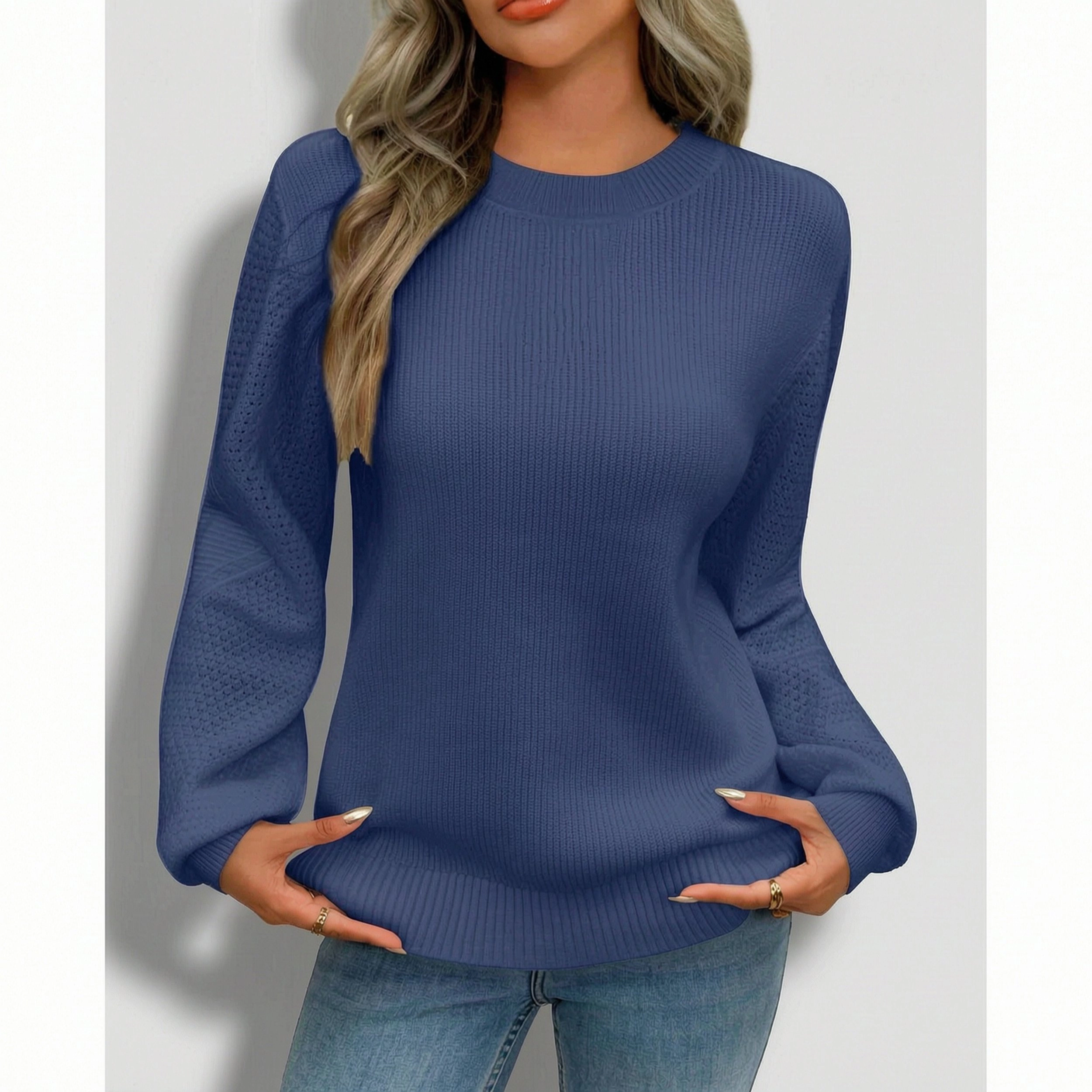 Zeagoo Women's Long Sleeve Ribbed Knit Crewneck Crochet Pullover