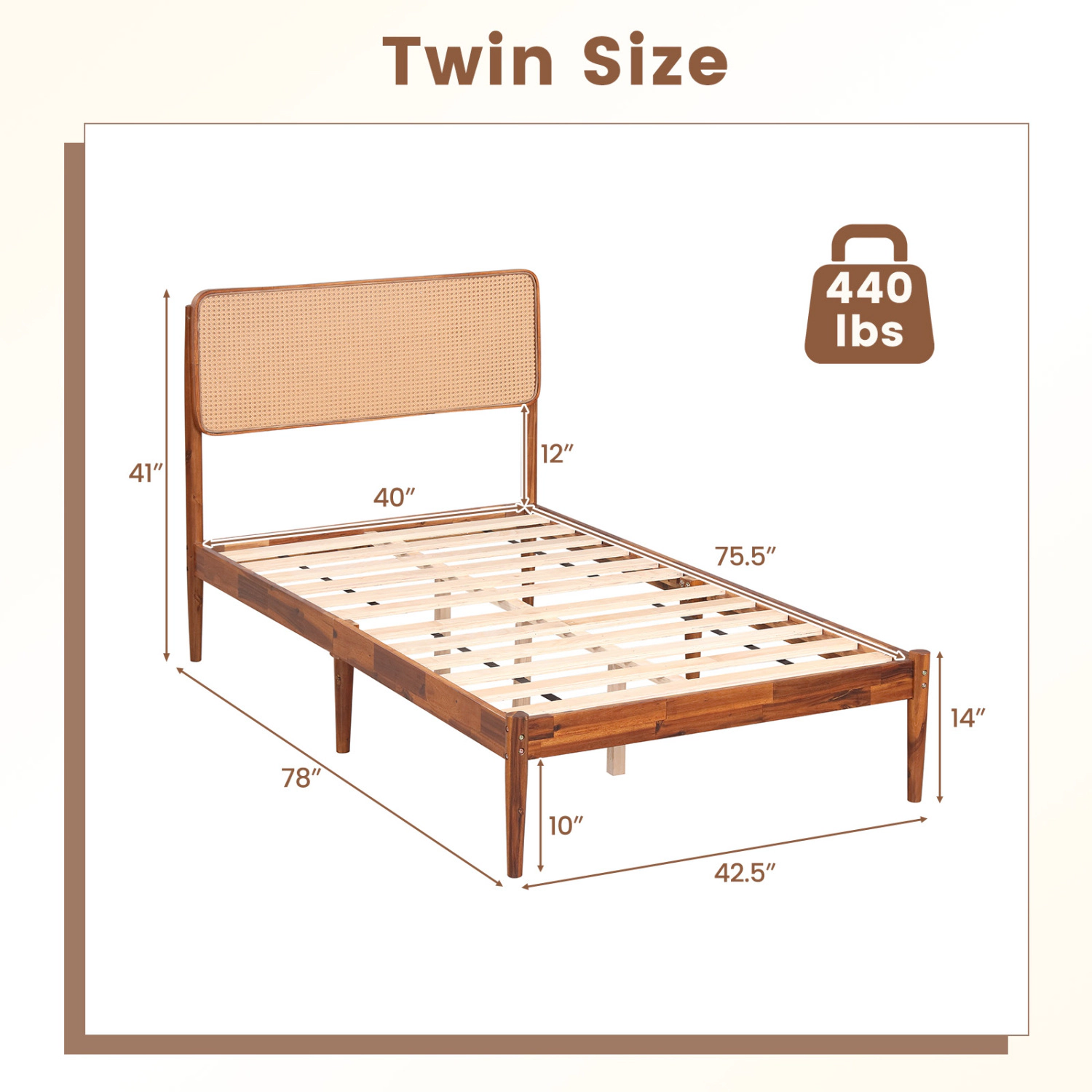 LJG Wooden Boho Rattan Brown Bed Frame with Wooden Slat Support