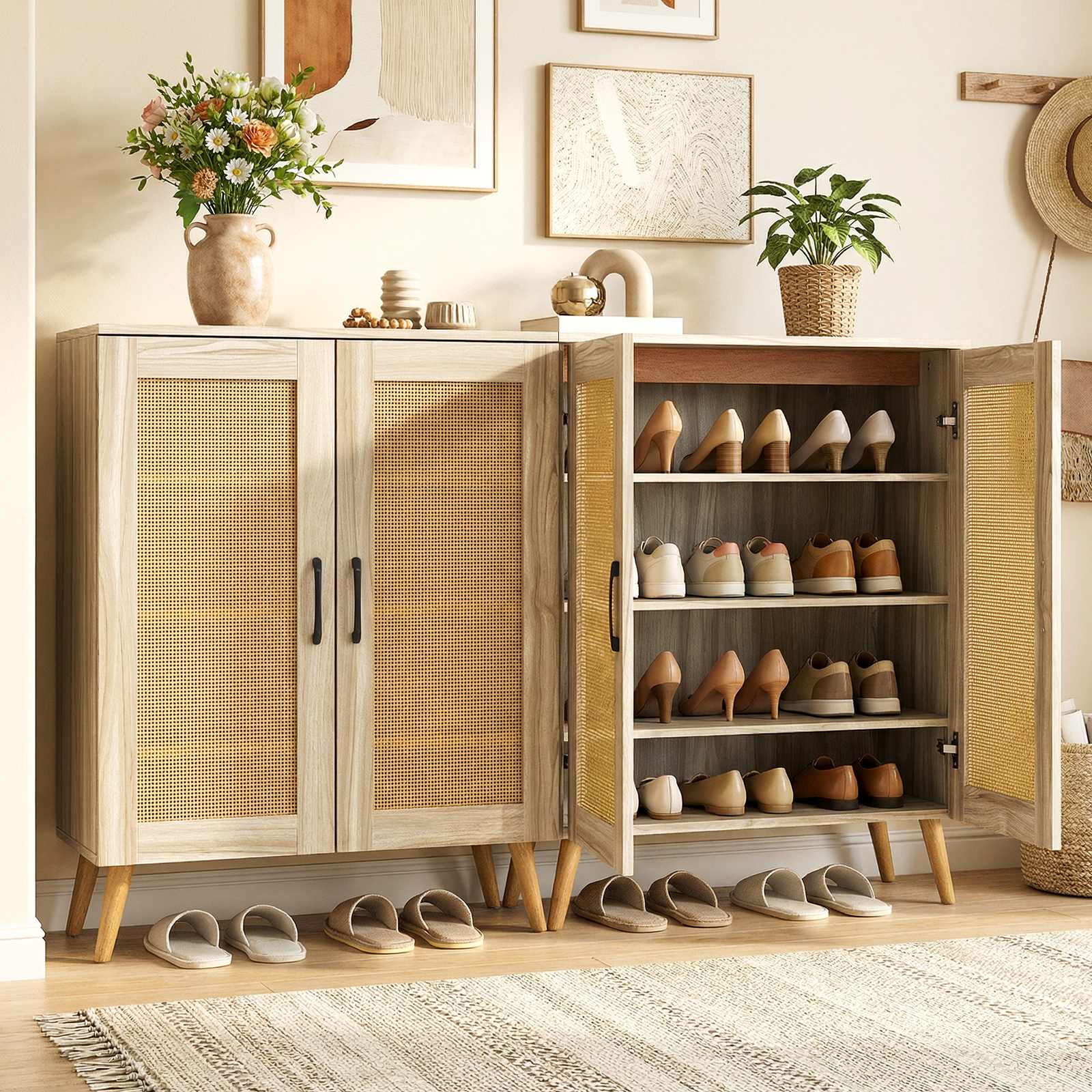 SlickBlue Rattan Shoe Storage Cabinet with Adjustable Shelves