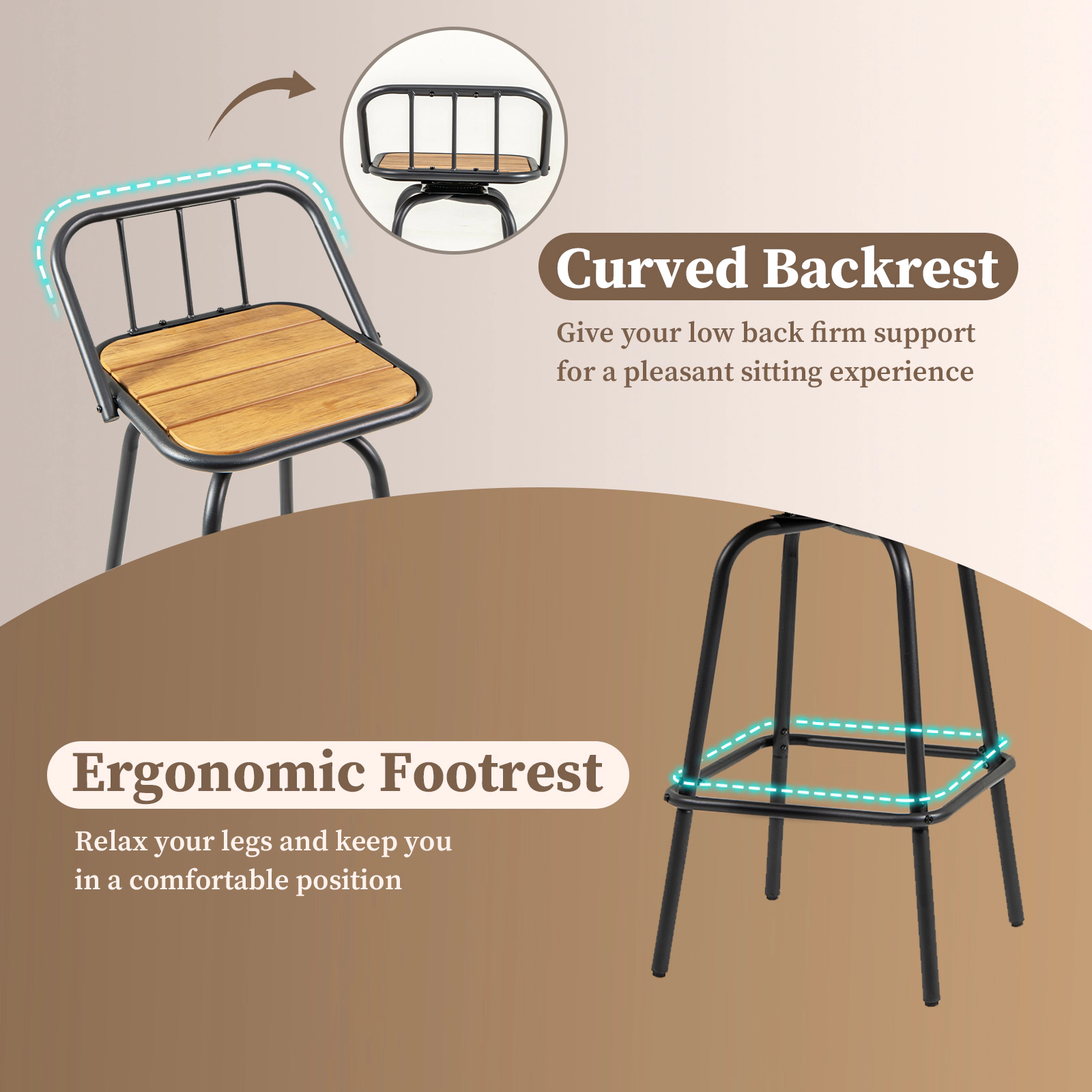SUGIFT 360° Swivel Bar Stool Set of 2 with Curved Backrest and Footrest 275-lb Capacity Black + Natural