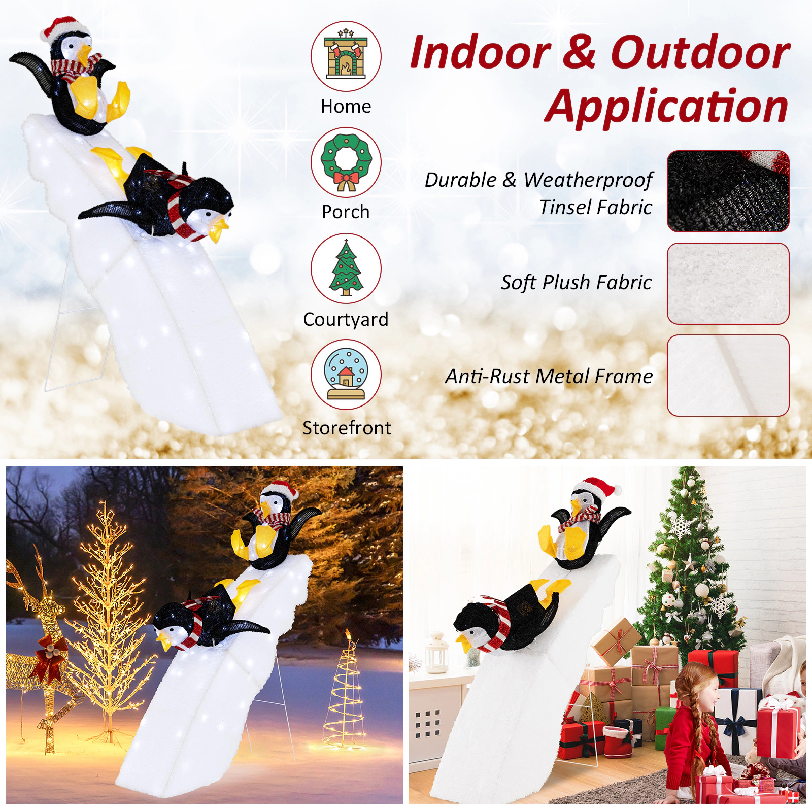 SUGIFT Lighted Black and White Christmas Penguin Yard Decoration with Snowy Slide and 130 LED Lights 3-ft W 4-ft H