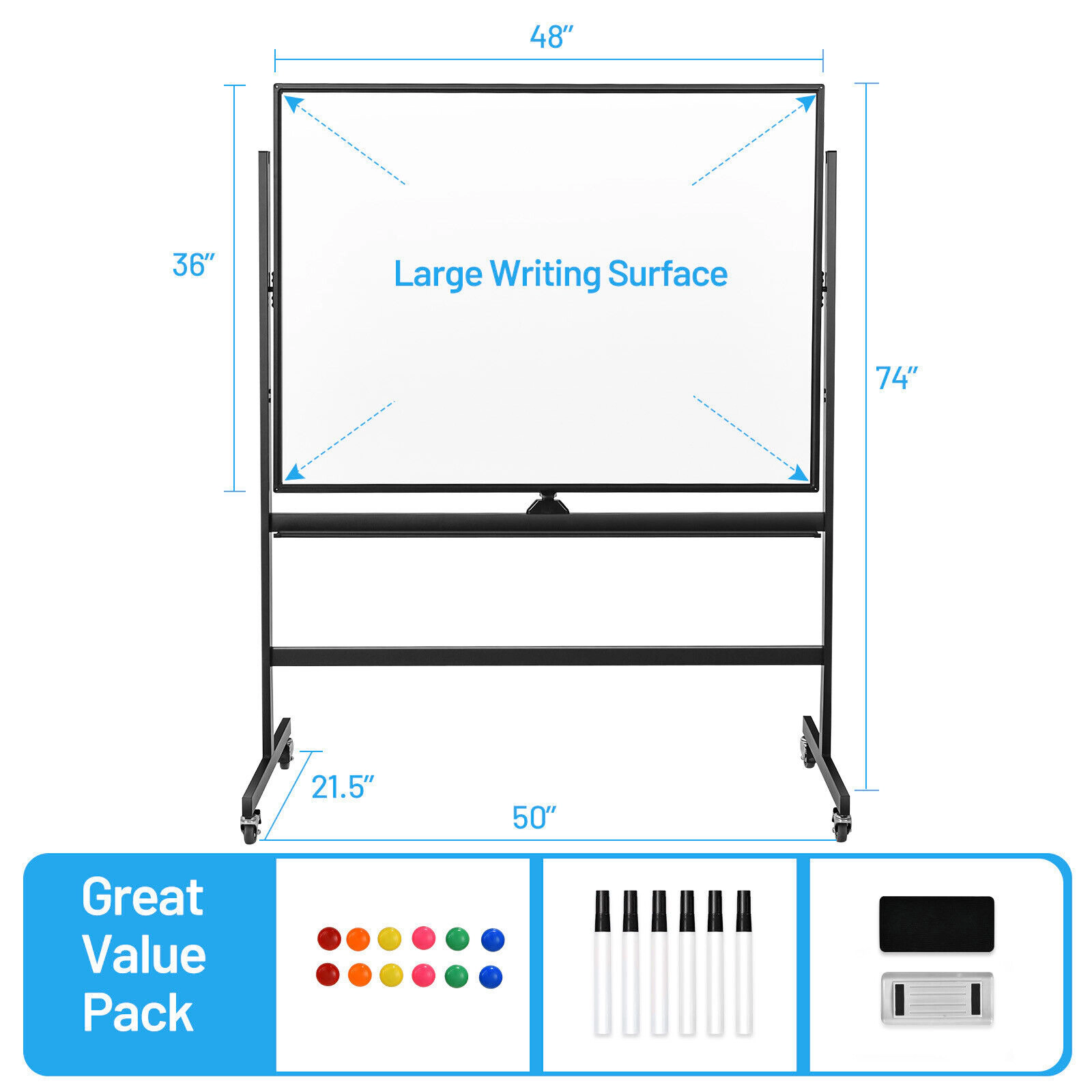 SUGIFT 48-in x 36-in Magnetic Double-Sided Reversible Dry Erase Board 50-in x 21.5-in x 63-in 4 Wheels White