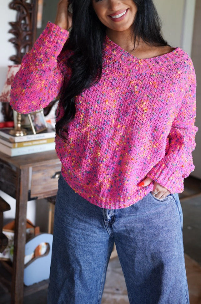 Threaded Pear Women's Liana Spots Knitted V Neck Casual Sweater