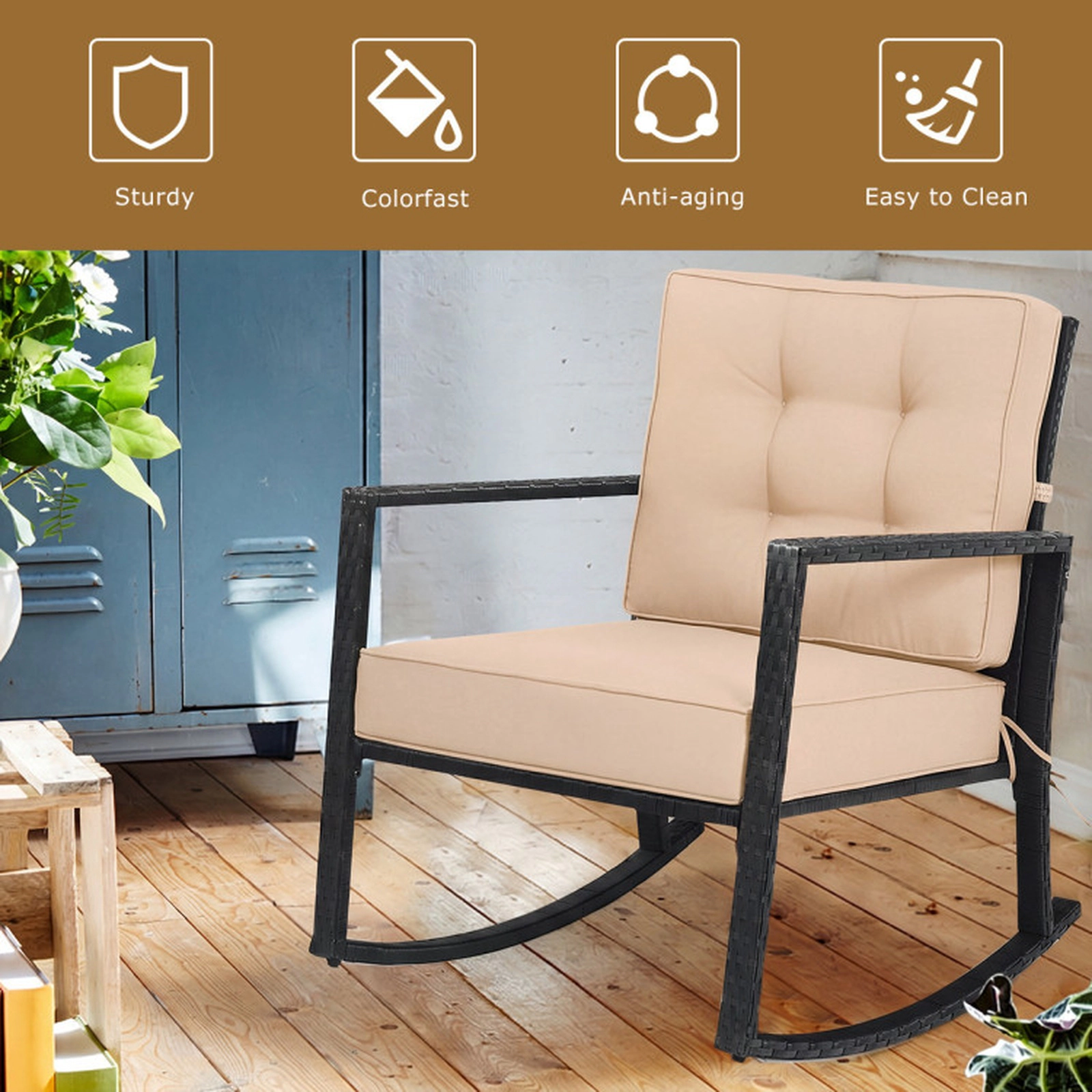 SUGIFT Brown 5-in Seat Cushion and Iron Frame Patio Rattan Rocking Chair