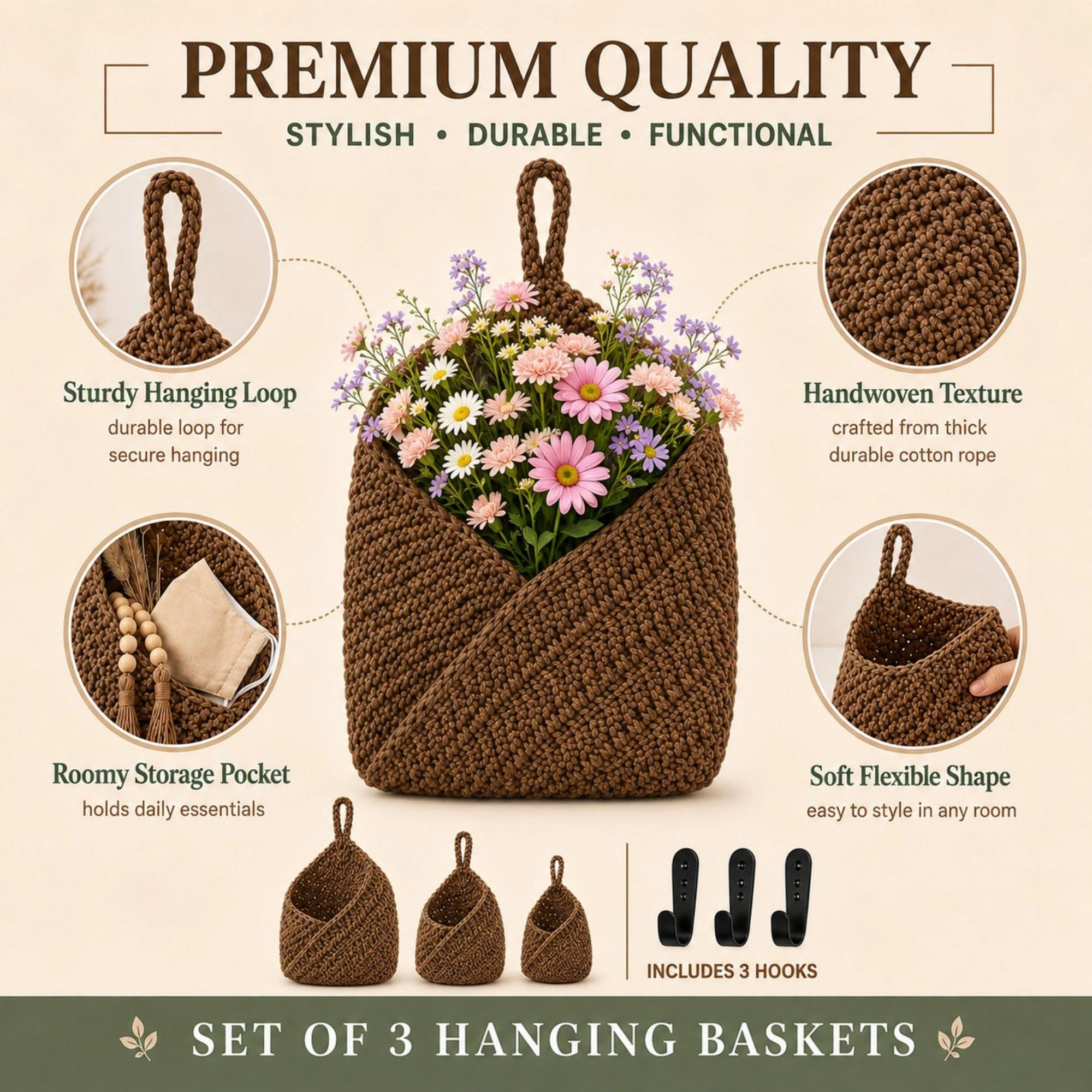 Alilang Unisex Woven Cotton Rope Hanging Basket Set Wall Storage Organizer with Hooks