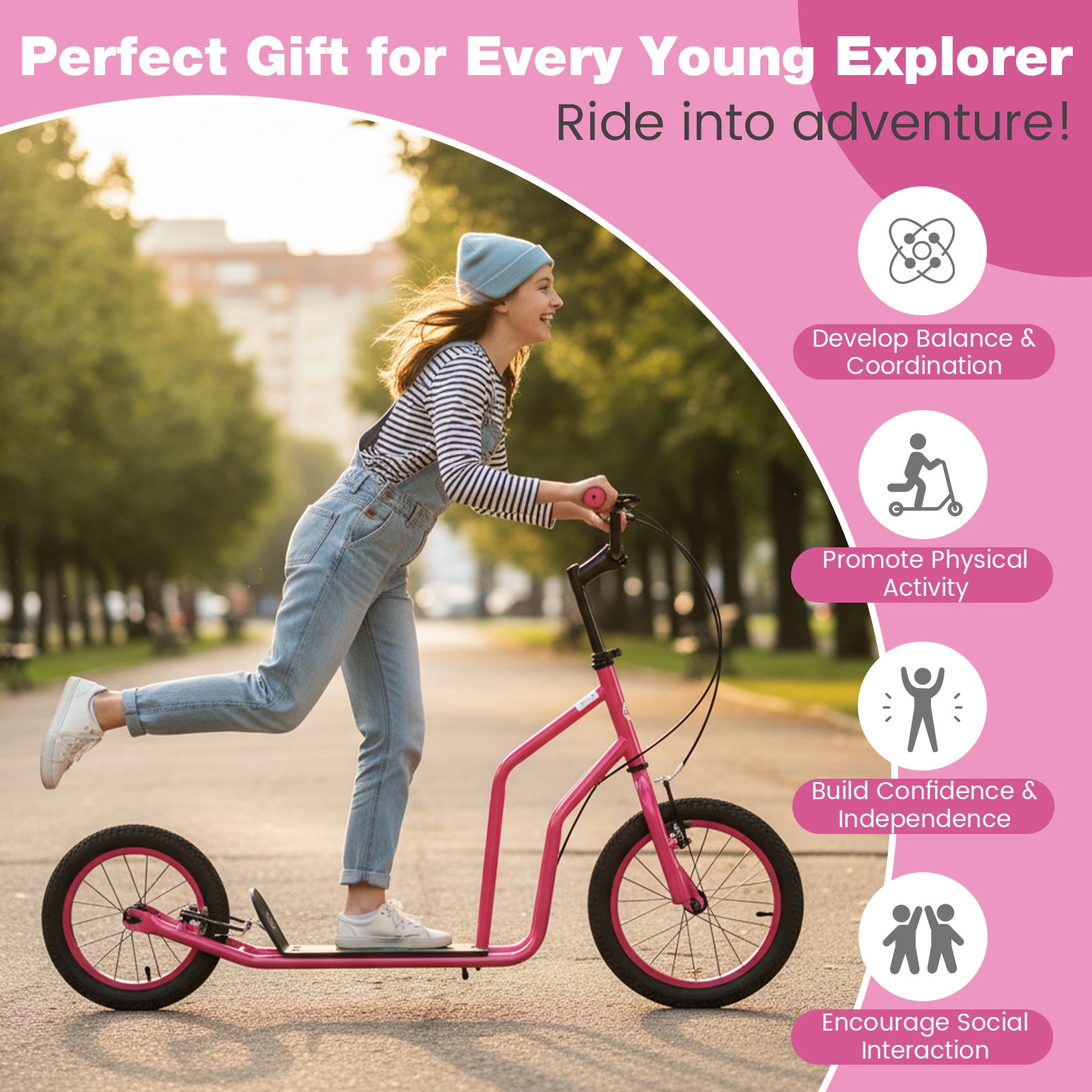 SUGIFT Pink 110-lb Capacity Kick Scooter with 16-in Front and 14-in Rear Inflatable Wheels and Hand Brakes