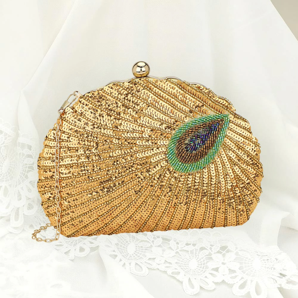 Fashnzfab Beaded Sequin Peacock Clutch Evening Bag Crossbody Bag