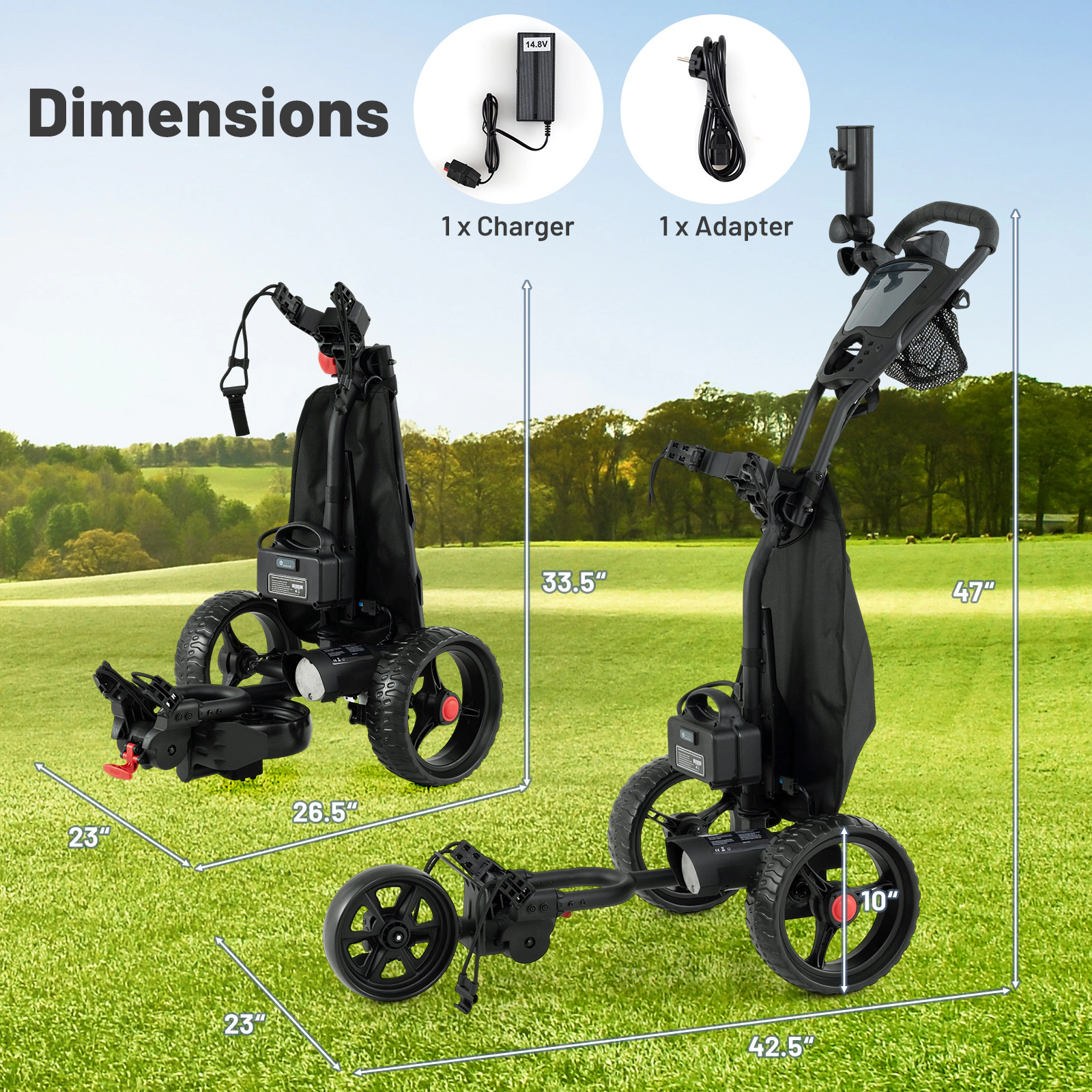 SUGIFT 3 Wheel Golf Bag Cart with Adjustable Handle and 9 Speed Settings 33-lb Capacity Black