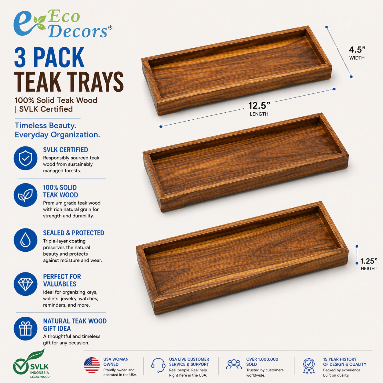 EcoDecors 3 Pack Teak Amenity Trays for Bathroom Counter and Vanity