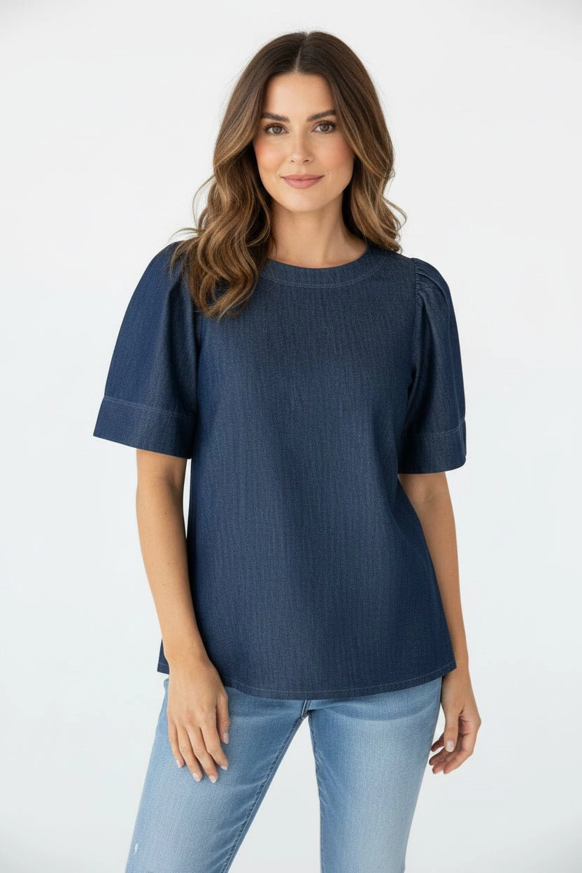 DressAtR Women's Blue Denim Round Neck Elbow Sleeve Back Button Blouse