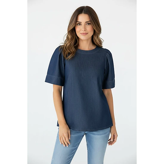 DressAtR Women's Blue Denim Round Neck Elbow Sleeve Back Button Blouse