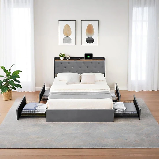 BebreezChic Bed Frame with Charging Station, Velvet Upholstered ...