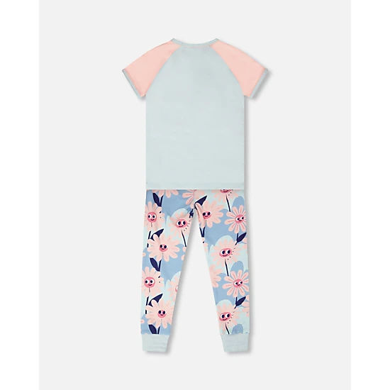Deux par Deux Girls Organic Cotton Smiling Flower Print Elastic Waist Top and Pants Two-Piece Pyjama Set