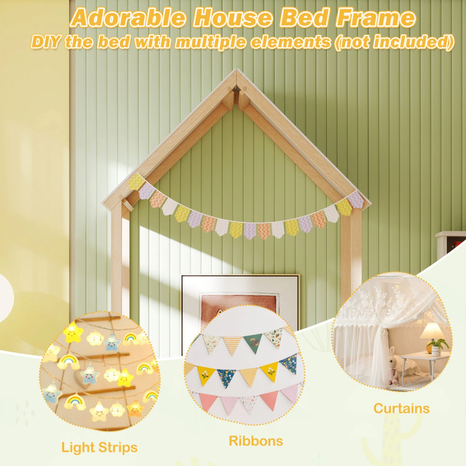 SUGIFT Natural Pitched Roof Semi-Fence and Anti-Toppling Kit Pine Wood Twin Kids House Floor Bed